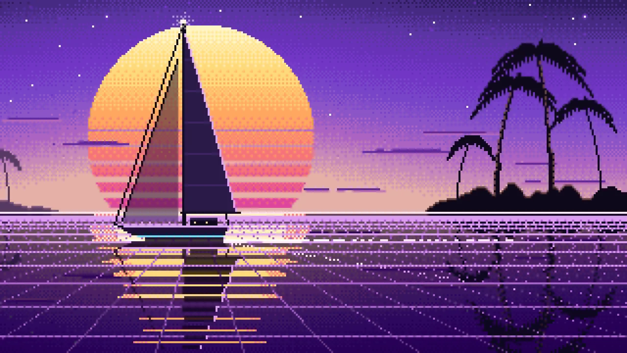 Purple Pixel Art Synthwave Sailboat at Sunset desktop wallpaper in 4K