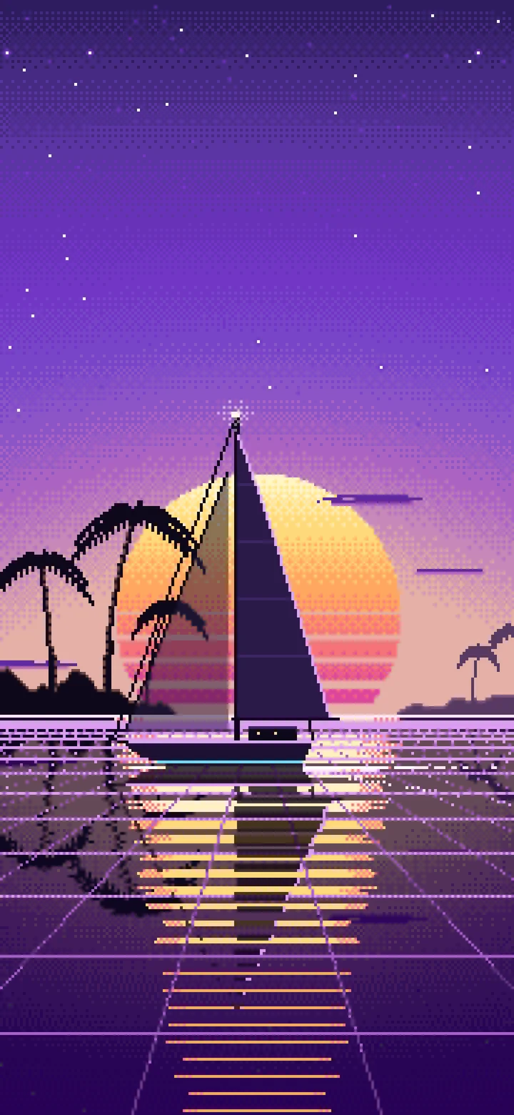 Purple Pixel Art Synthwave Sailboat at Sunset wallpaper for iPhone and Android