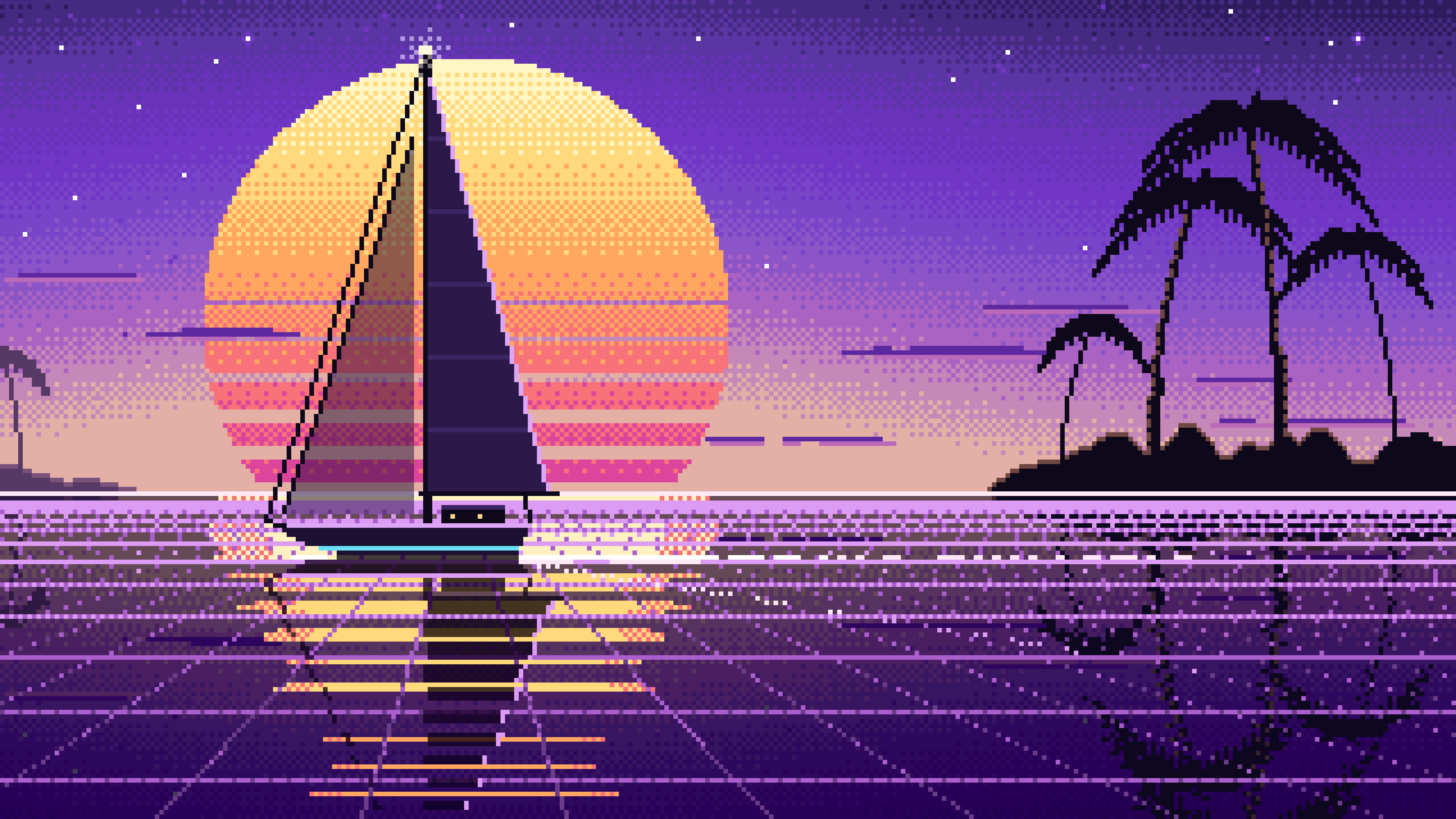 Purple Pixel Art Synthwave Sailboat at Sunset desktop wallpaper in 4K