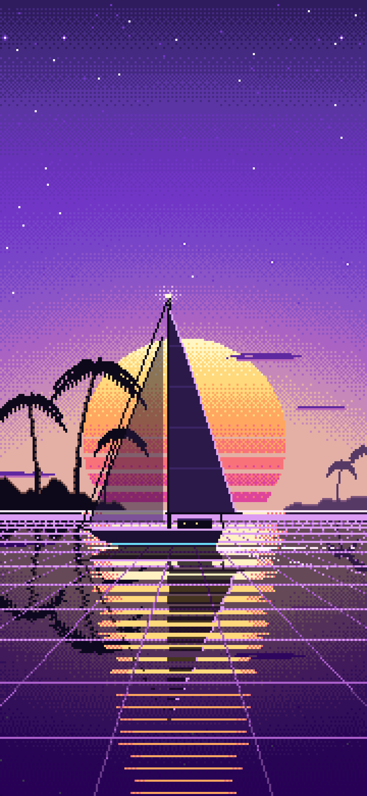 Purple Pixel Art Synthwave Sailboat at Sunset wallpaper for iPhone and Android