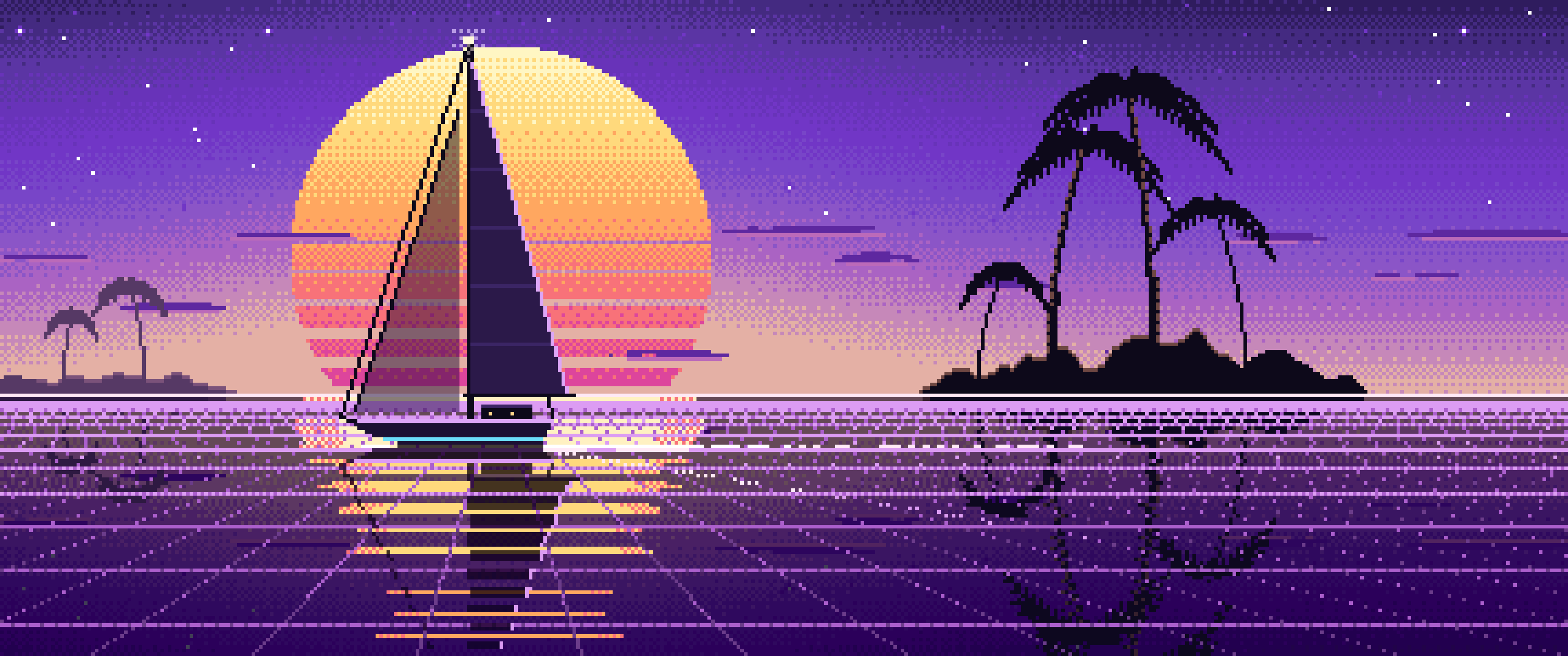 Purple Pixel Art Synthwave Sailboat at Sunset ultrawide wallpaper, 3440 × 1440