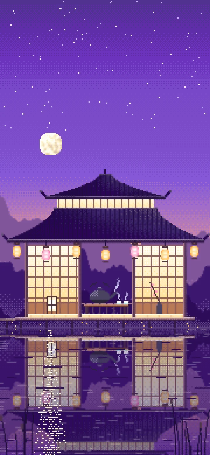 Purple Pixel Art Tea House by a Lake wallpaper for iPhone and Android