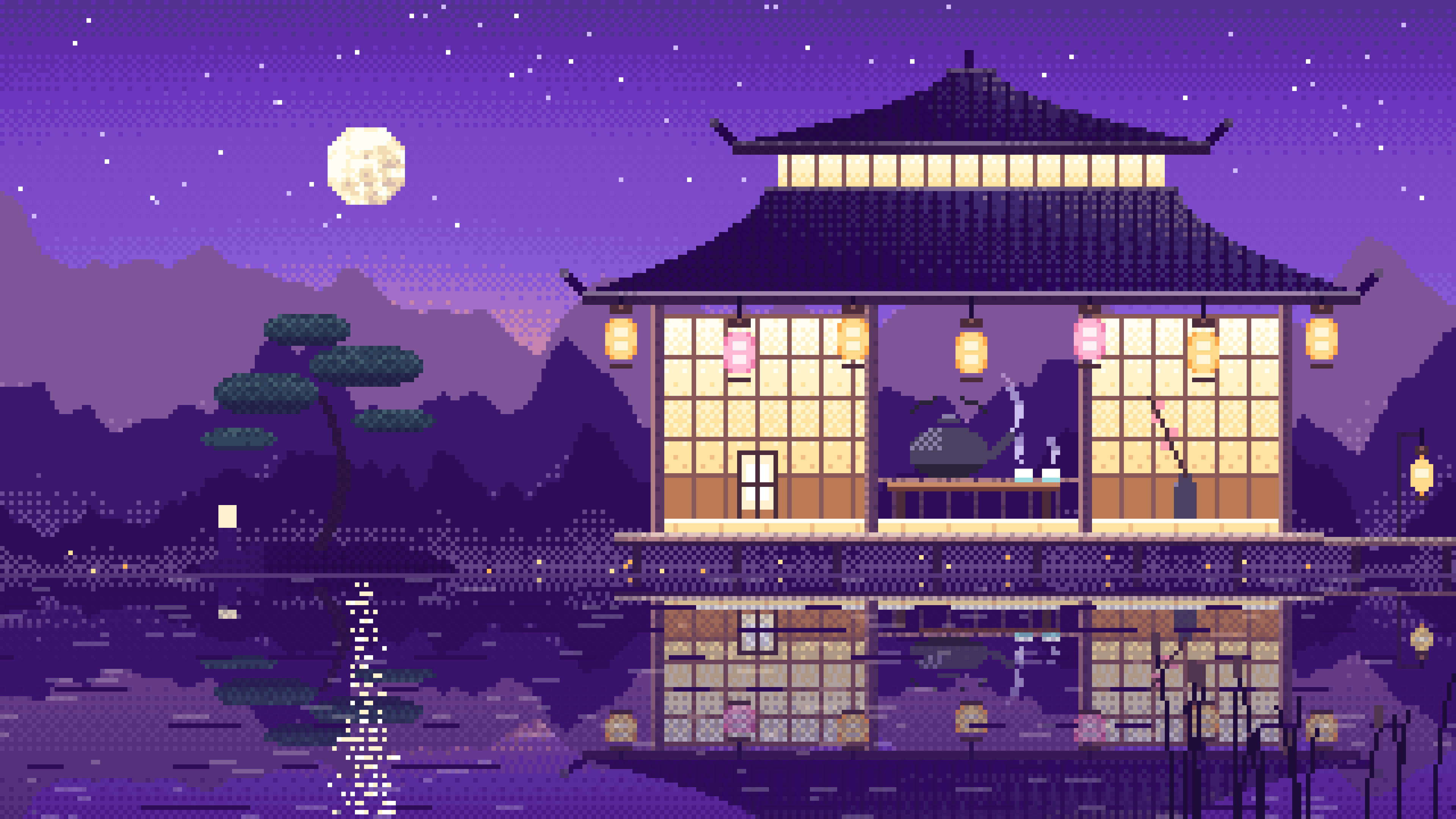 Purple Pixel Art Tea House by a Lake desktop wallpaper in 4K
