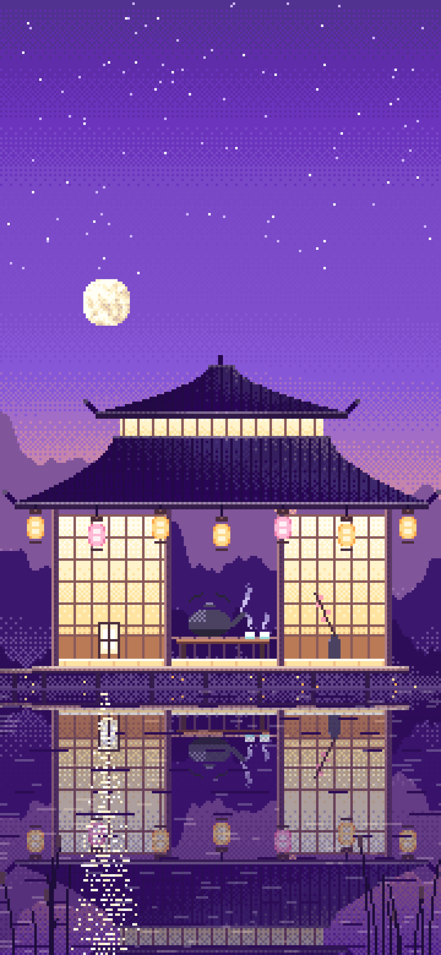 Purple Pixel Art Tea House by a Lake wallpaper for iPhone and Android