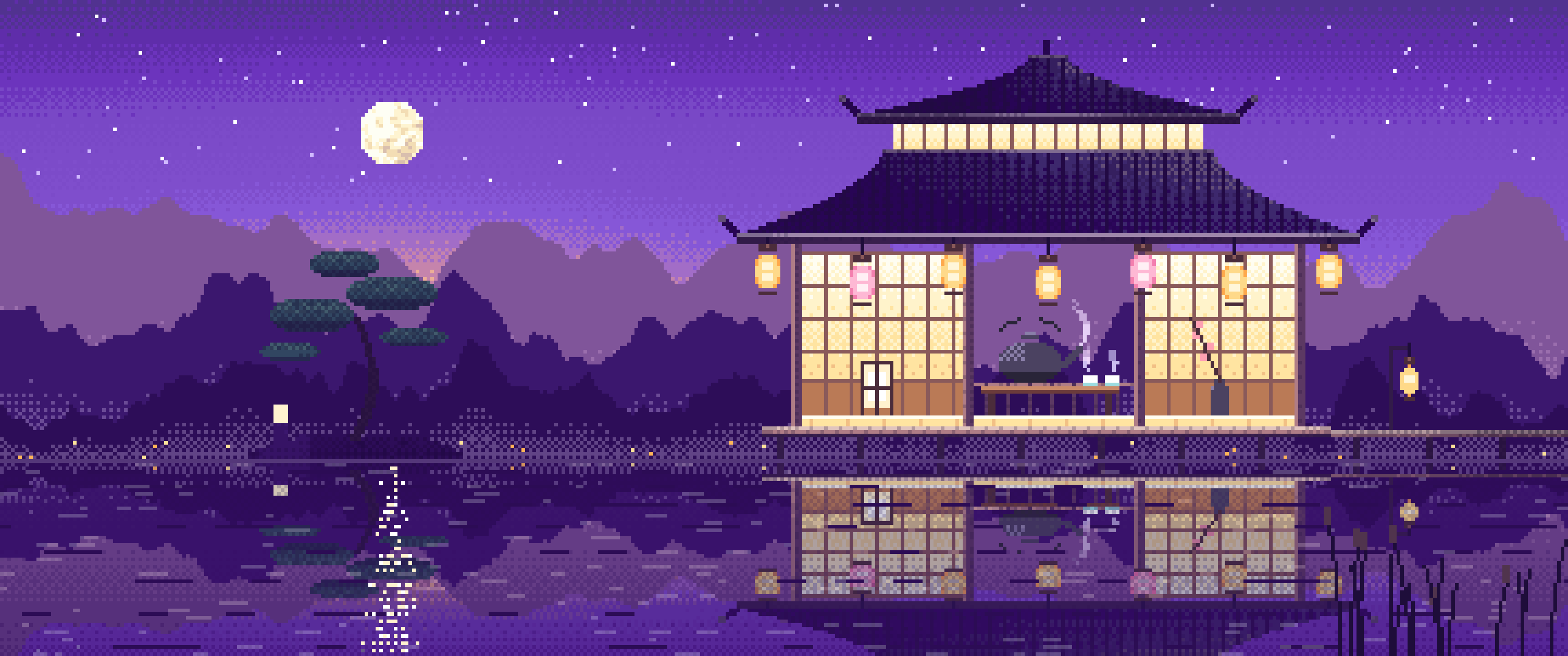 Purple Pixel Art Tea House by a Lake ultrawide wallpaper, 3440 × 1440