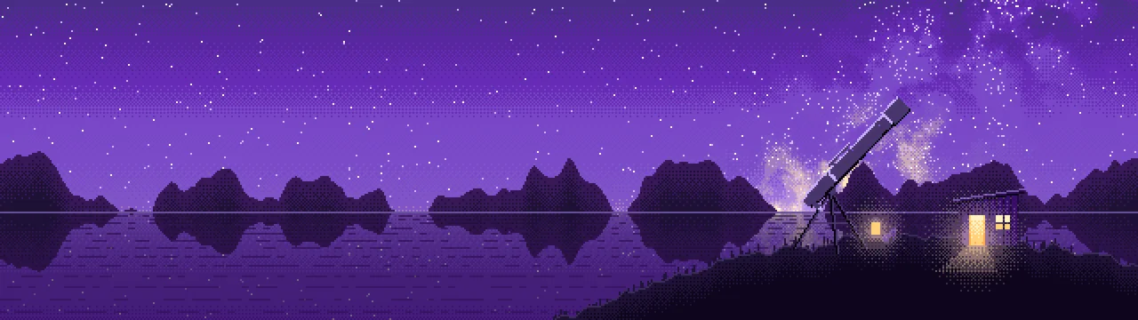 Purple Pixel Art Telescope Under the Milky Way dual monitor wallpaper, 7680 × 2160