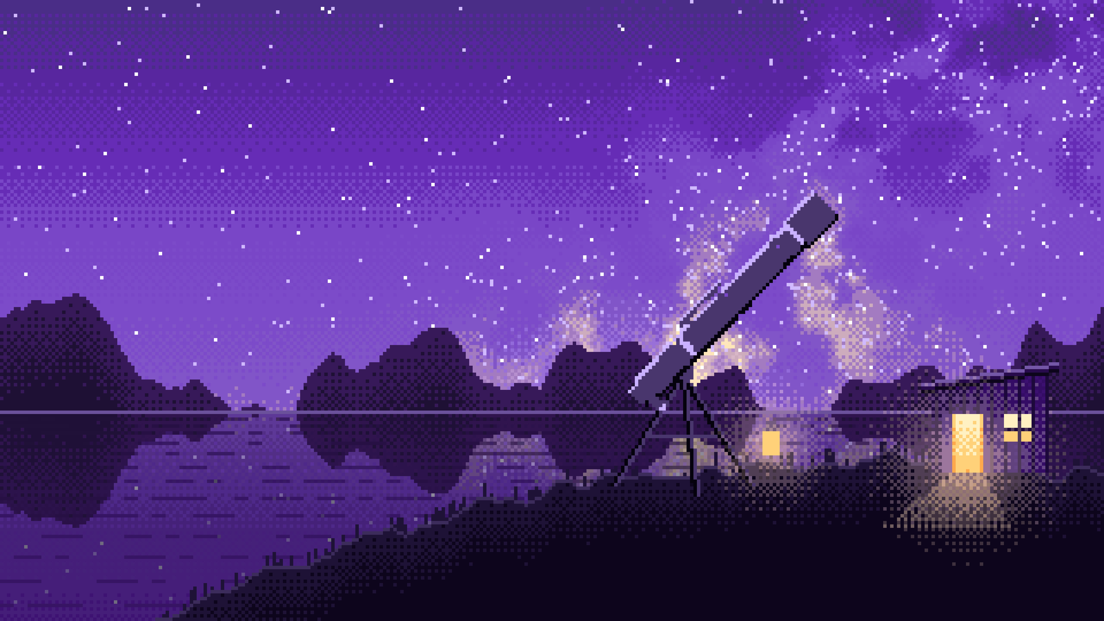 Purple Pixel Art Telescope Under the Milky Way desktop wallpaper in 4K