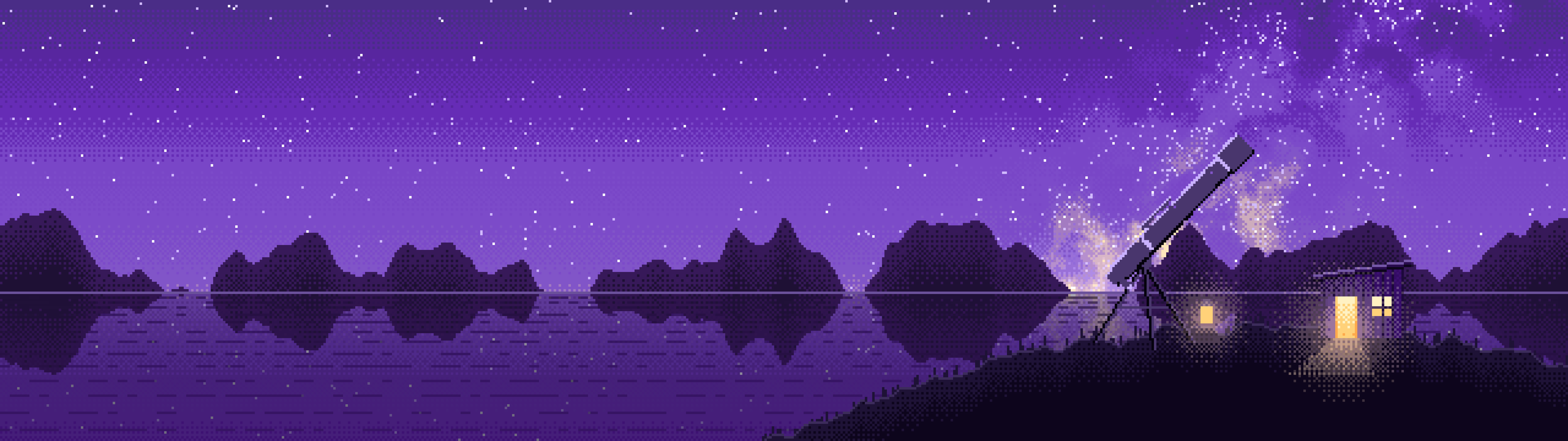 Purple Pixel Art Telescope Under the Milky Way dual monitor wallpaper, 7680 × 2160