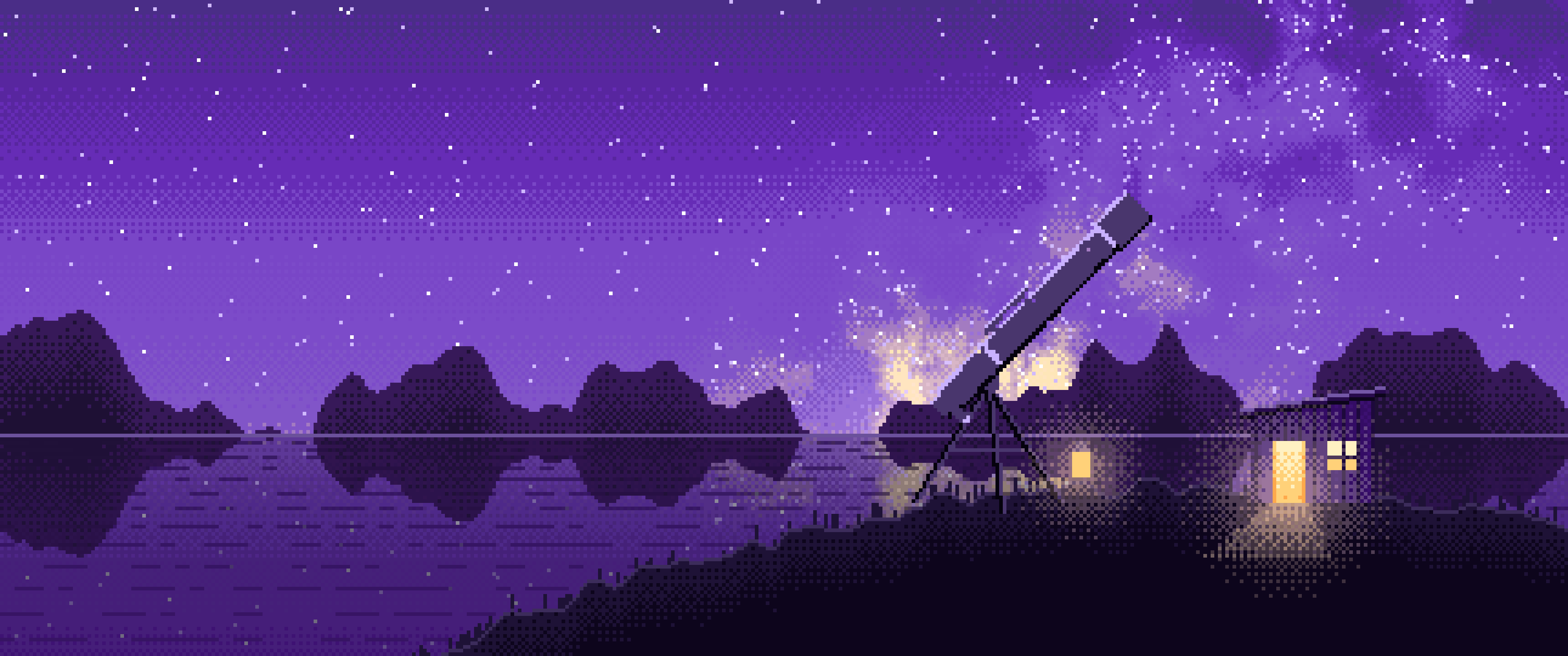 Purple Pixel Art Telescope Under the Milky Way ultrawide wallpaper, 3440 × 1440