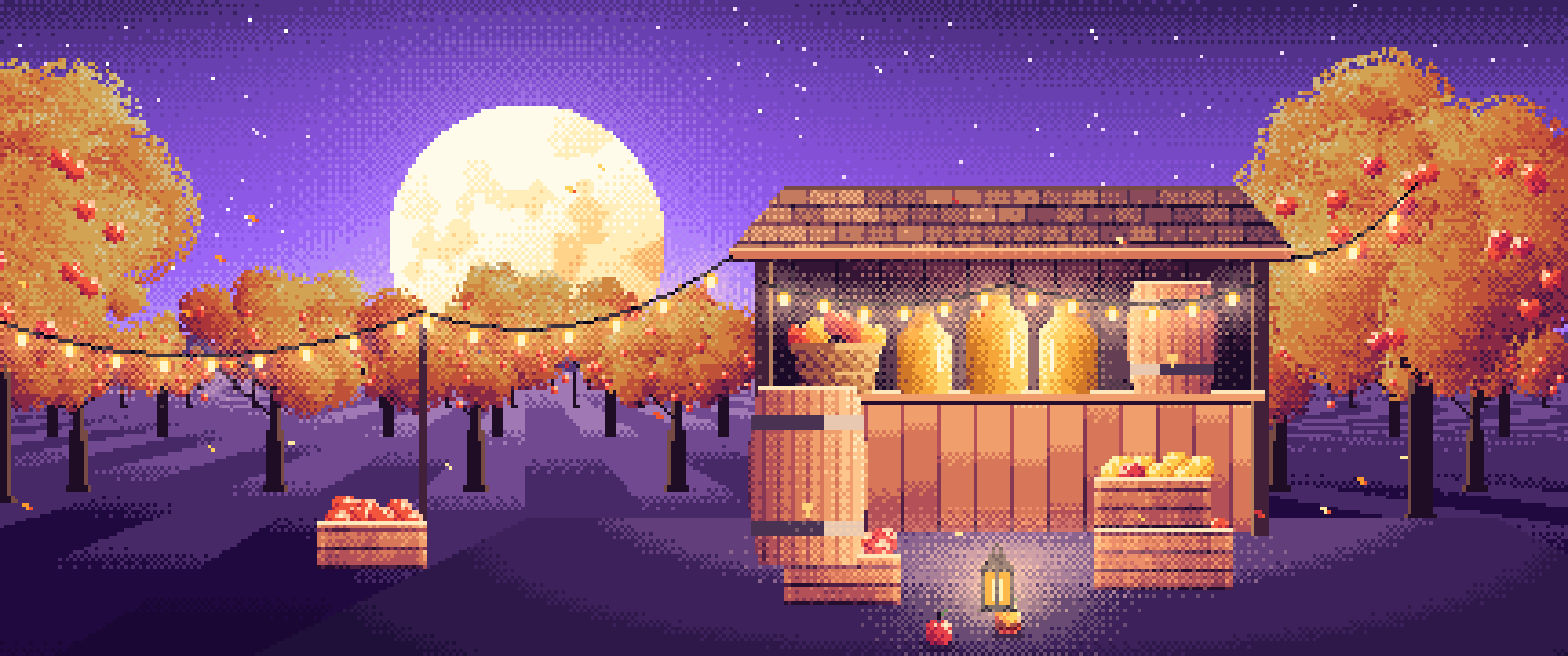 Purple Pixel Art Thanksgiving Apple Cider Stand ultrawide wallpaper, 3440 × 1440