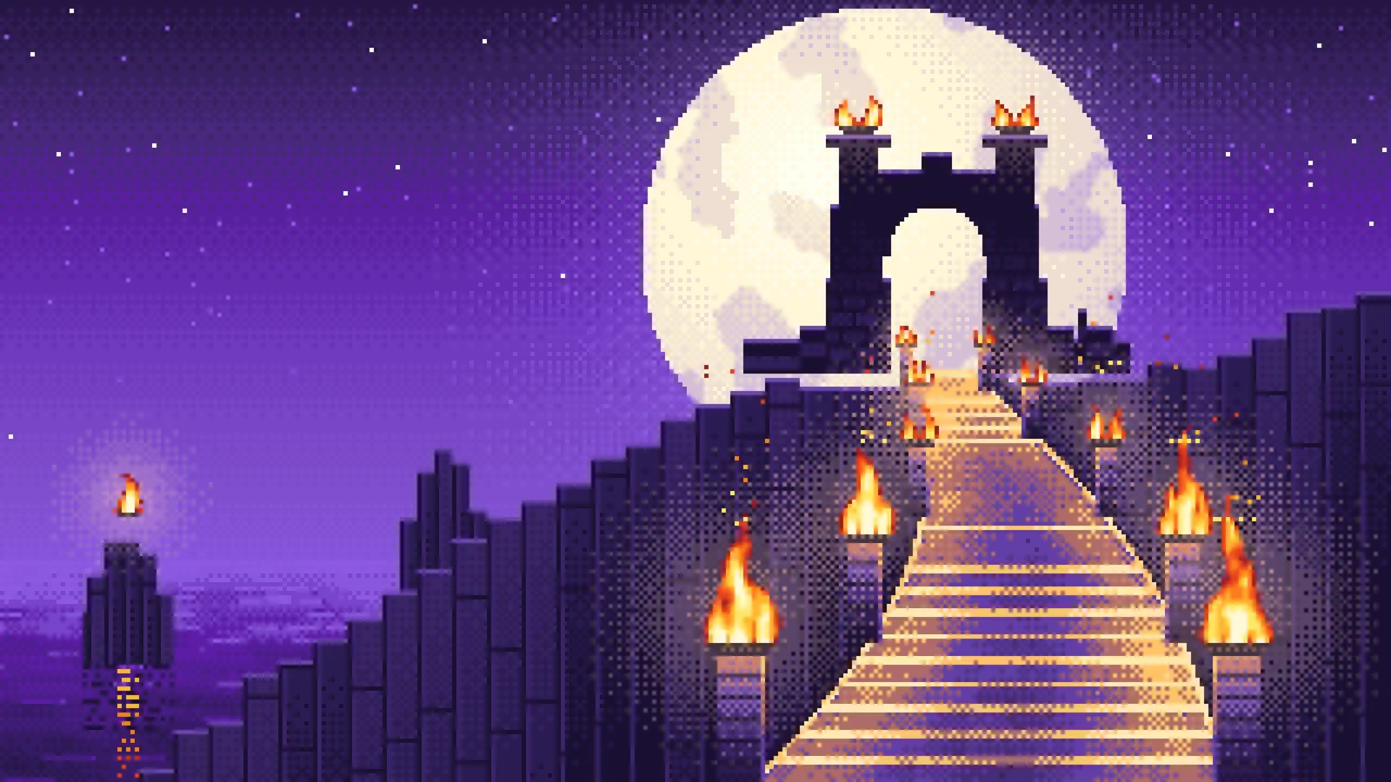 Purple Pixel Art Torch-Lit Stairway at Night desktop wallpaper in 4K