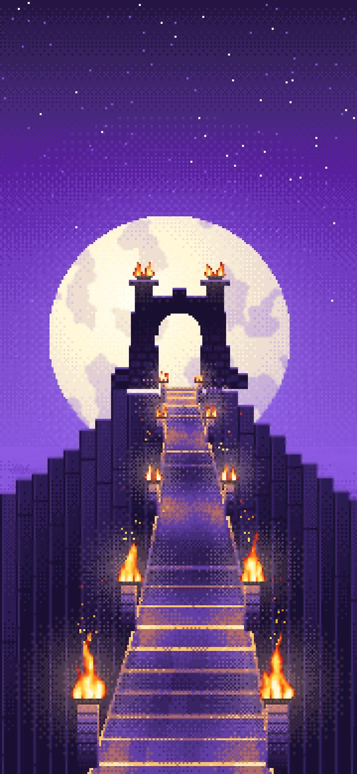 Purple Pixel Art Torch-Lit Stairway at Night wallpaper for iPhone and Android