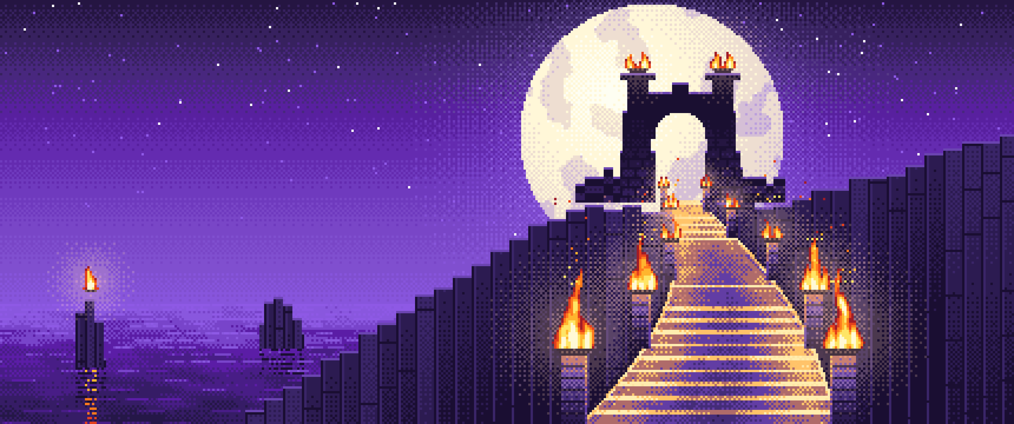 Purple Pixel Art Torch-Lit Stairway at Night ultrawide wallpaper, 3440 × 1440