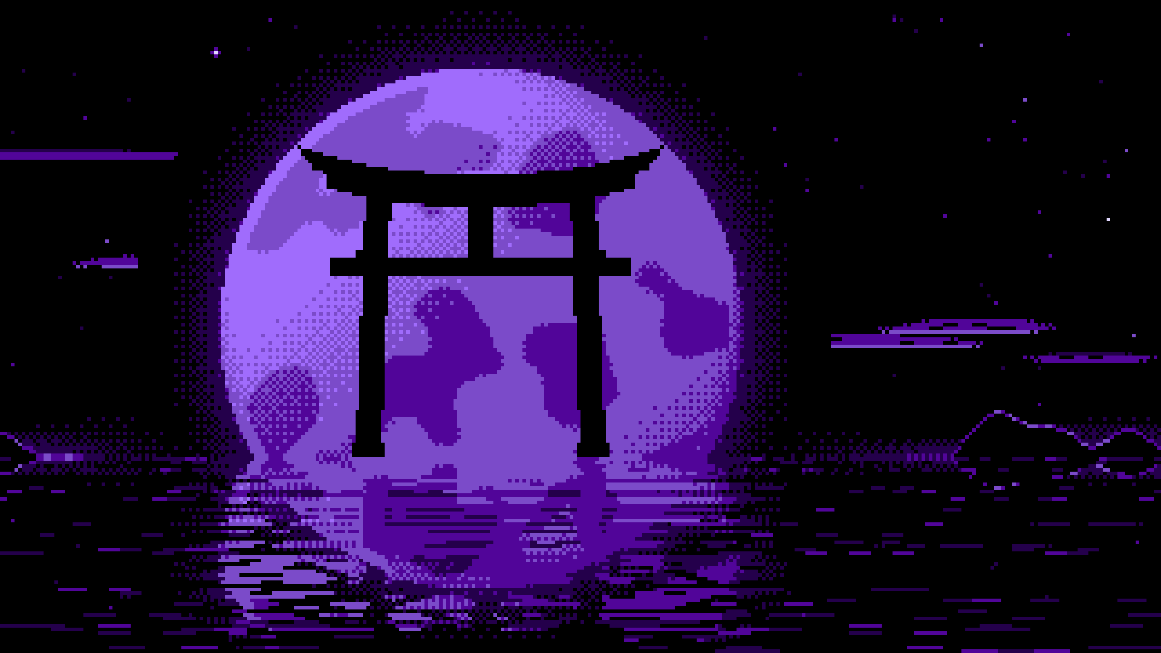 Purple Pixel Art Torii Gate and Moon desktop wallpaper in 4K