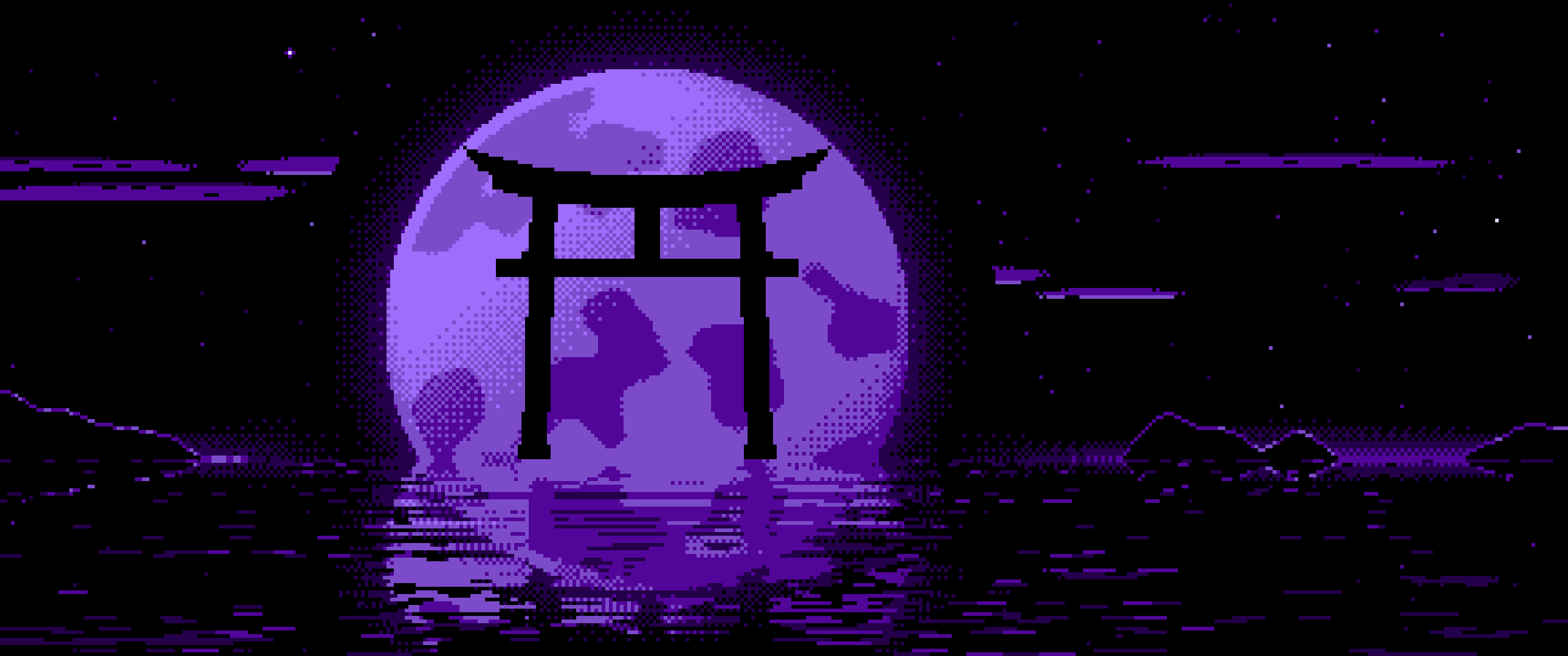 Purple Pixel Art Torii Gate and Moon ultrawide wallpaper, 3440 × 1440