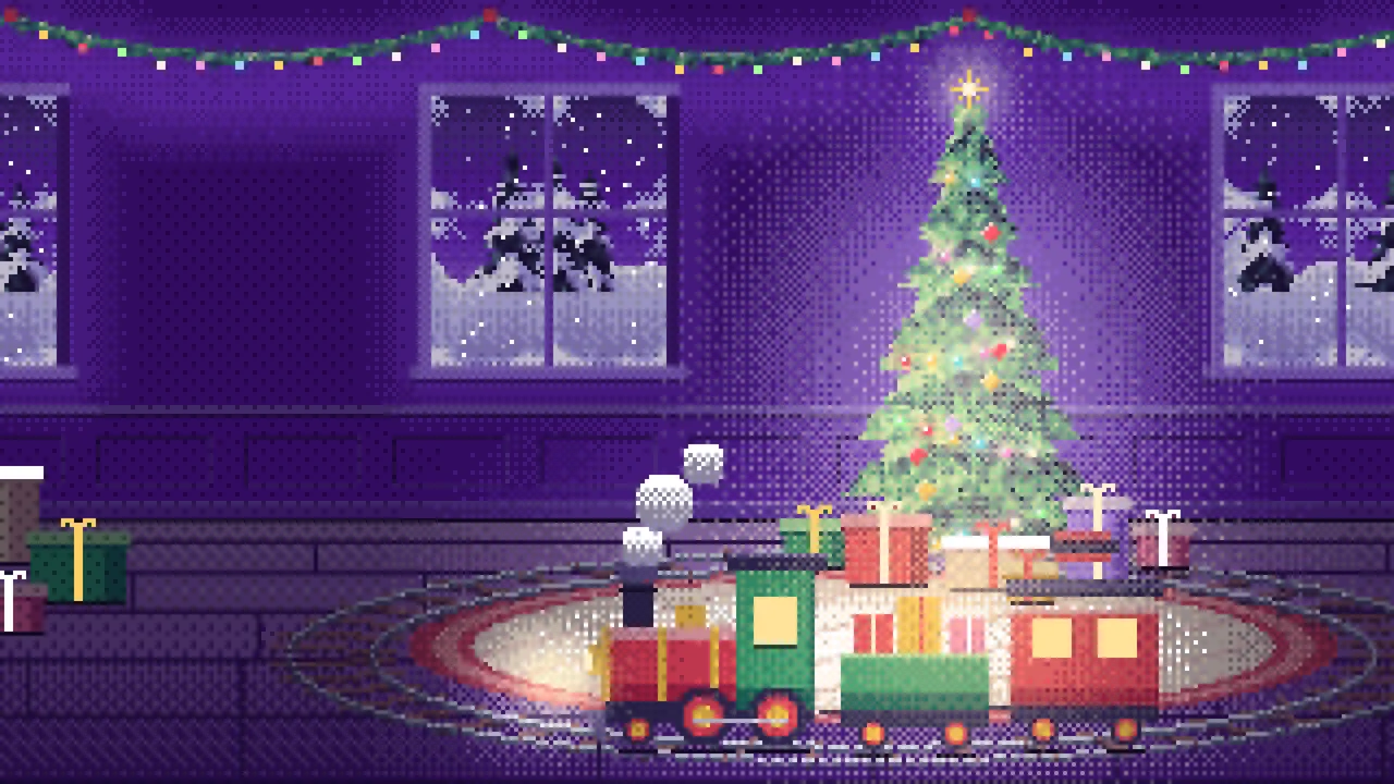 Purple Pixel Art Toy Train Around the Christmas Tree desktop wallpaper in 4K