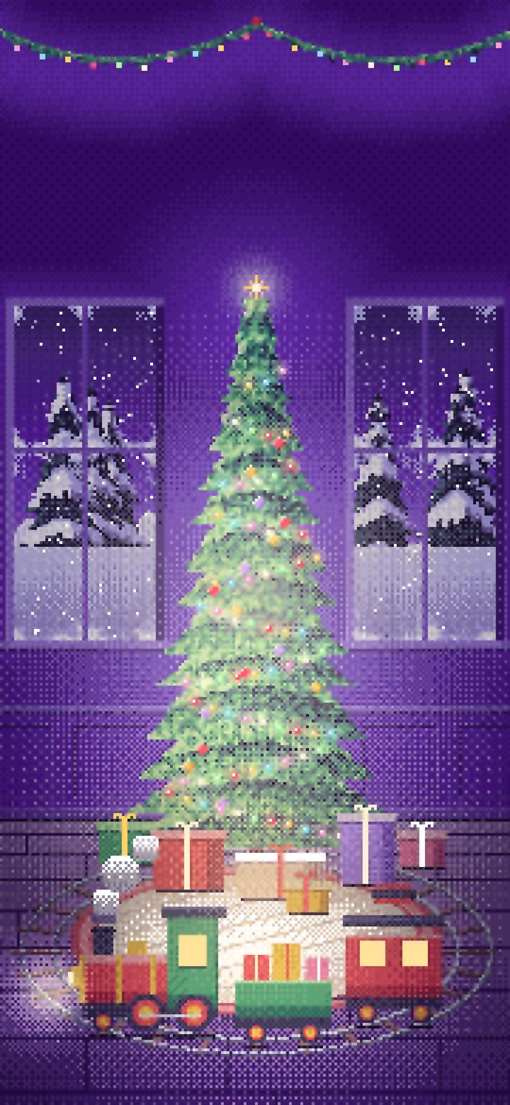 Purple Pixel Art Toy Train Around the Christmas Tree wallpaper for iPhone and Android
