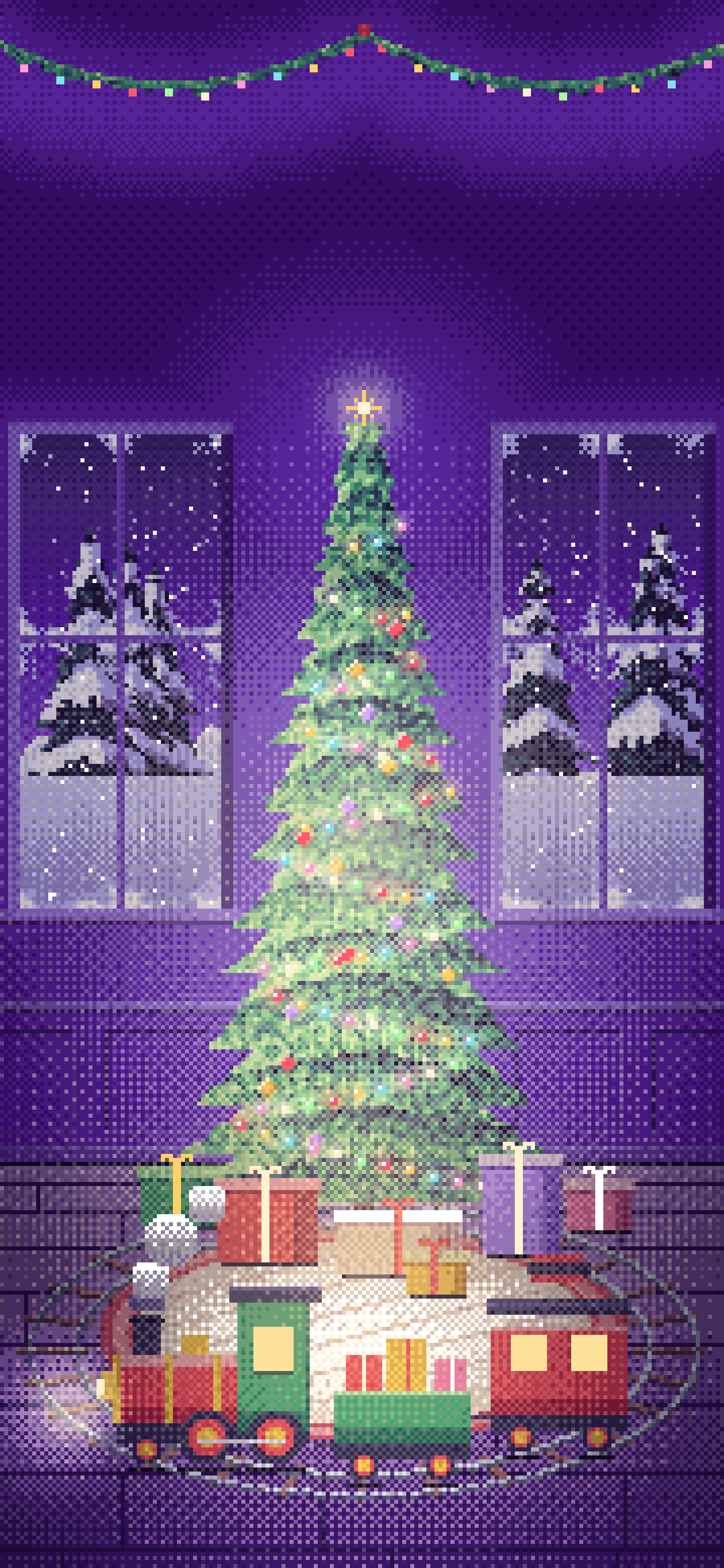 Purple Pixel Art Toy Train Around the Christmas Tree wallpaper for iPhone and Android