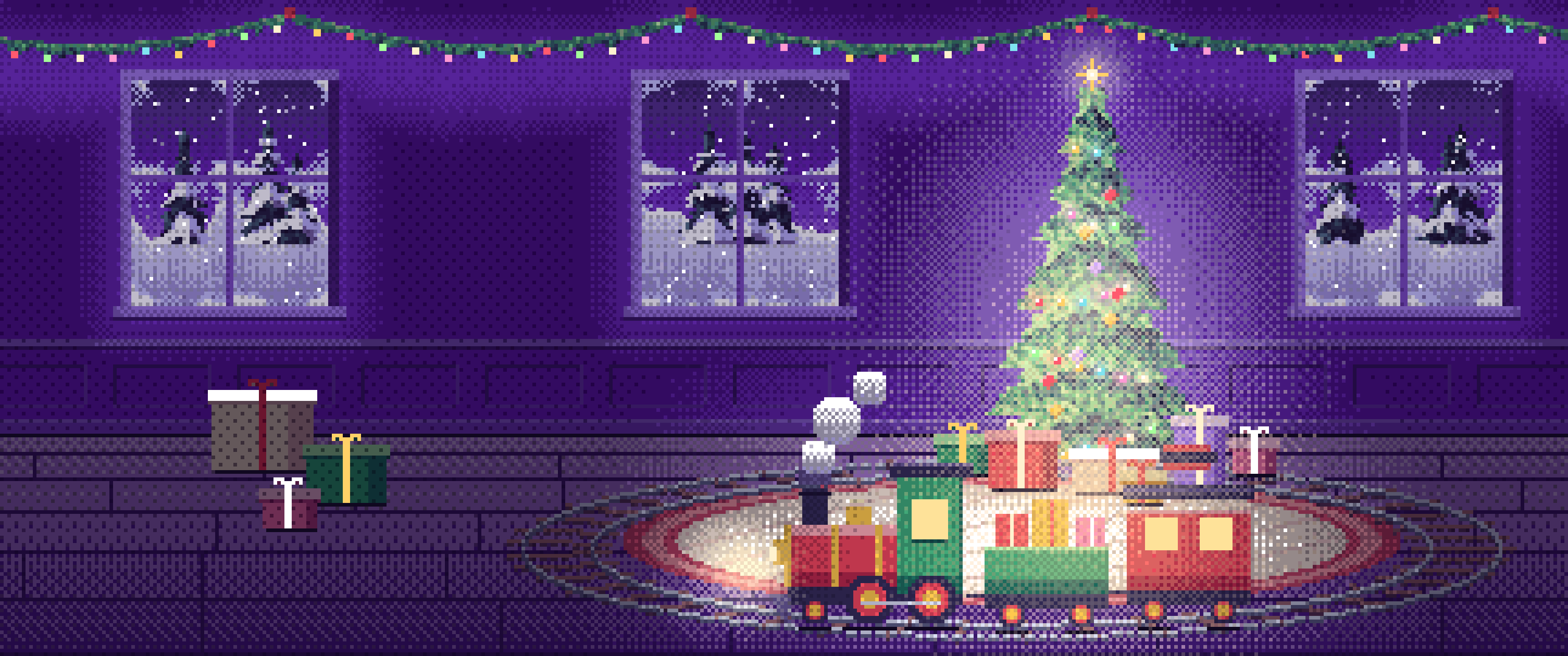 Purple Pixel Art Toy Train Around the Christmas Tree ultrawide wallpaper, 3440 × 1440