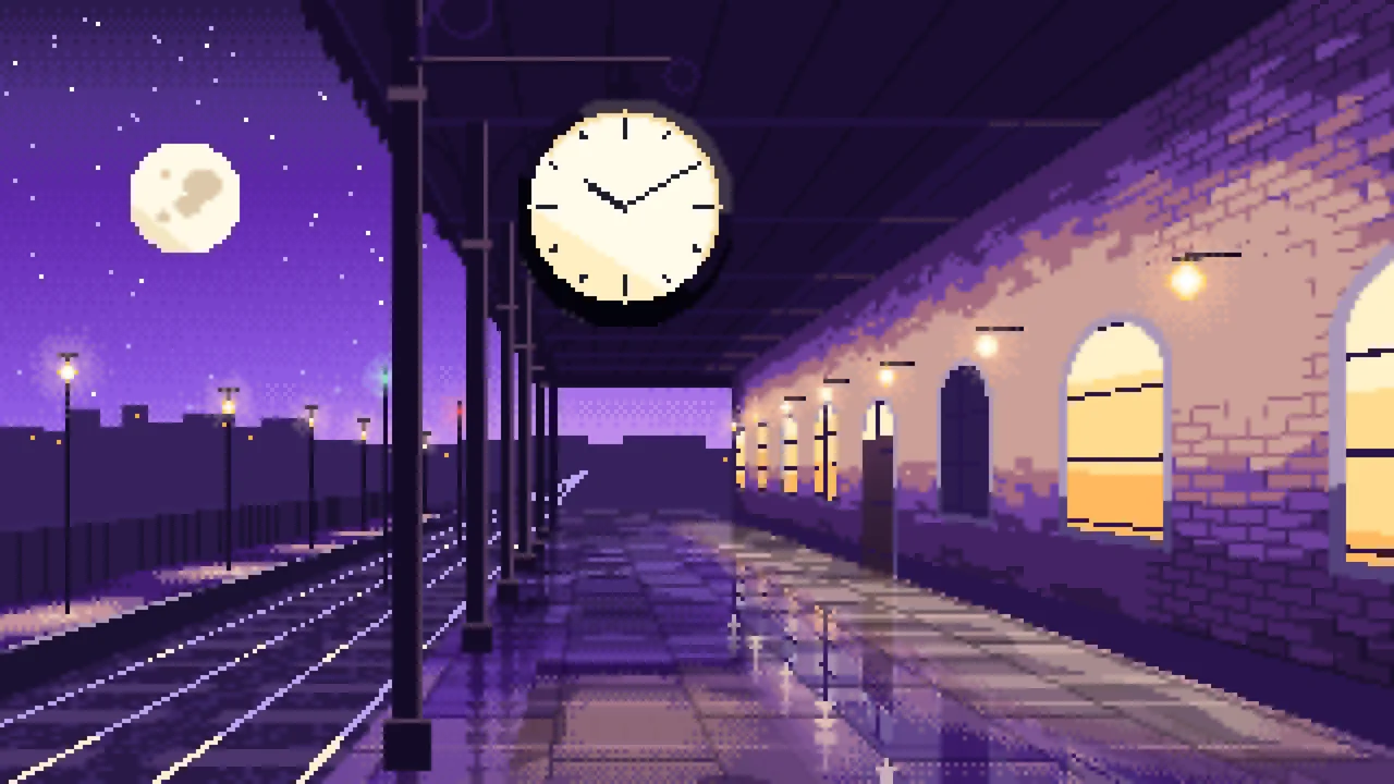 Purple Pixel Art Train Station Clock desktop wallpaper in 4K