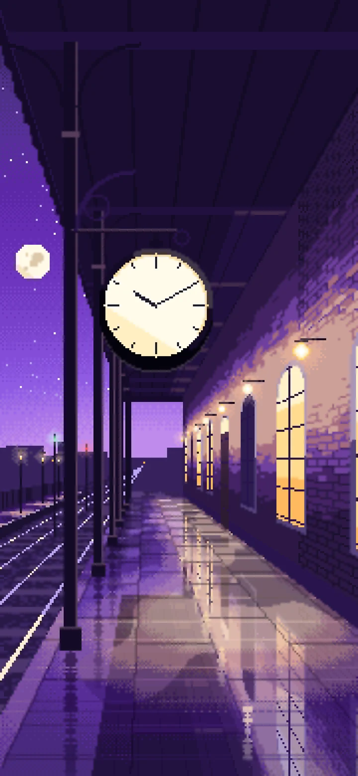 Purple Pixel Art Train Station Clock wallpaper for iPhone and Android