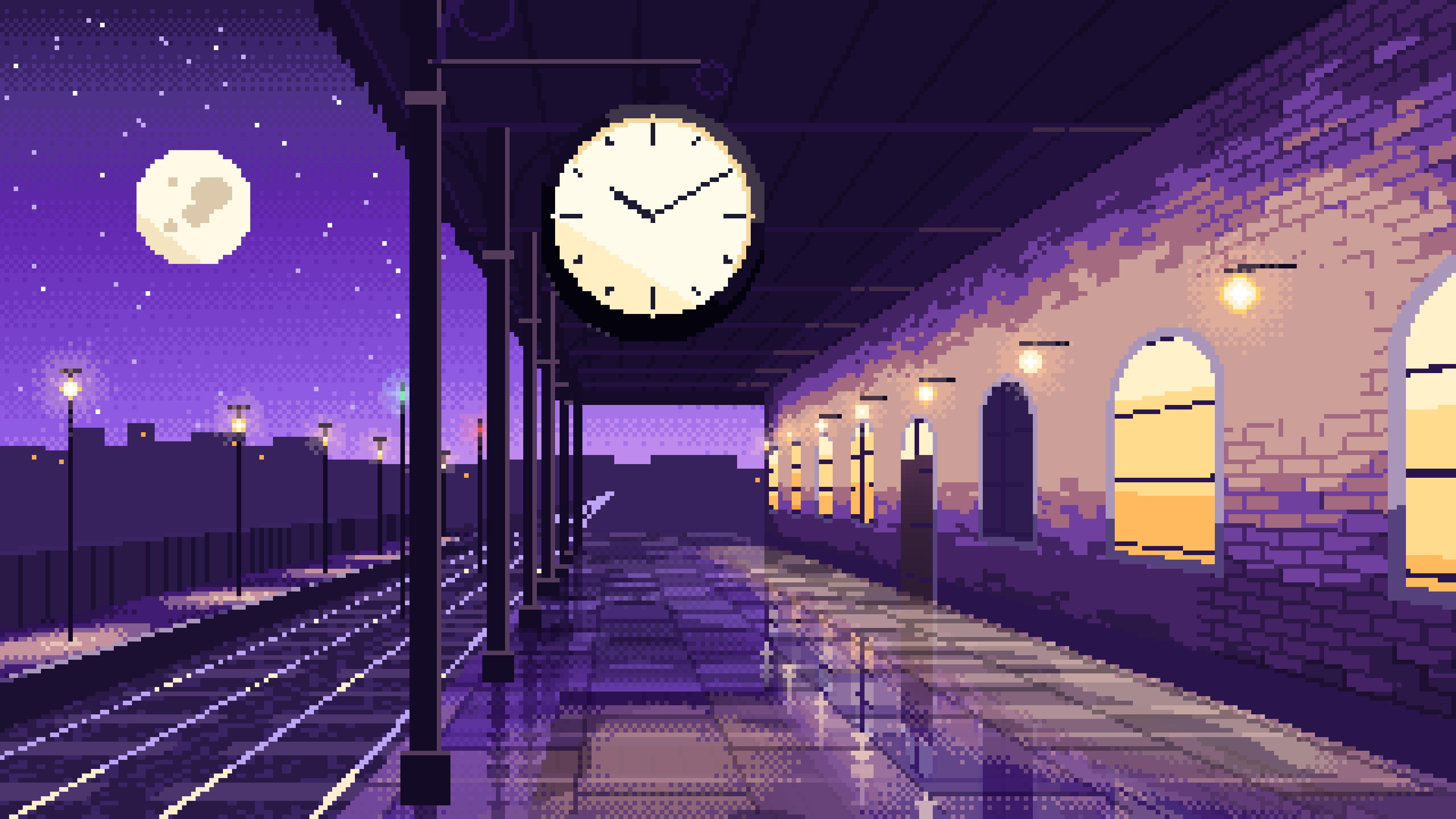 Purple Pixel Art Train Station Clock desktop wallpaper in 4K