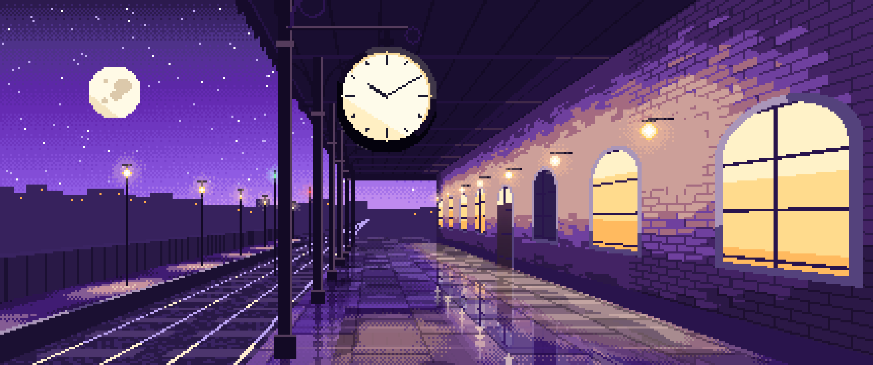 Purple Pixel Art Train Station Clock ultrawide wallpaper, 3440 × 1440