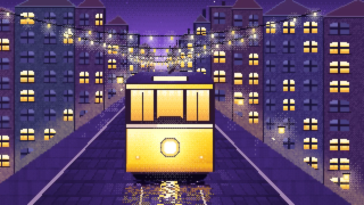 Purple Pixel Art Tram at Night desktop wallpaper in 4K