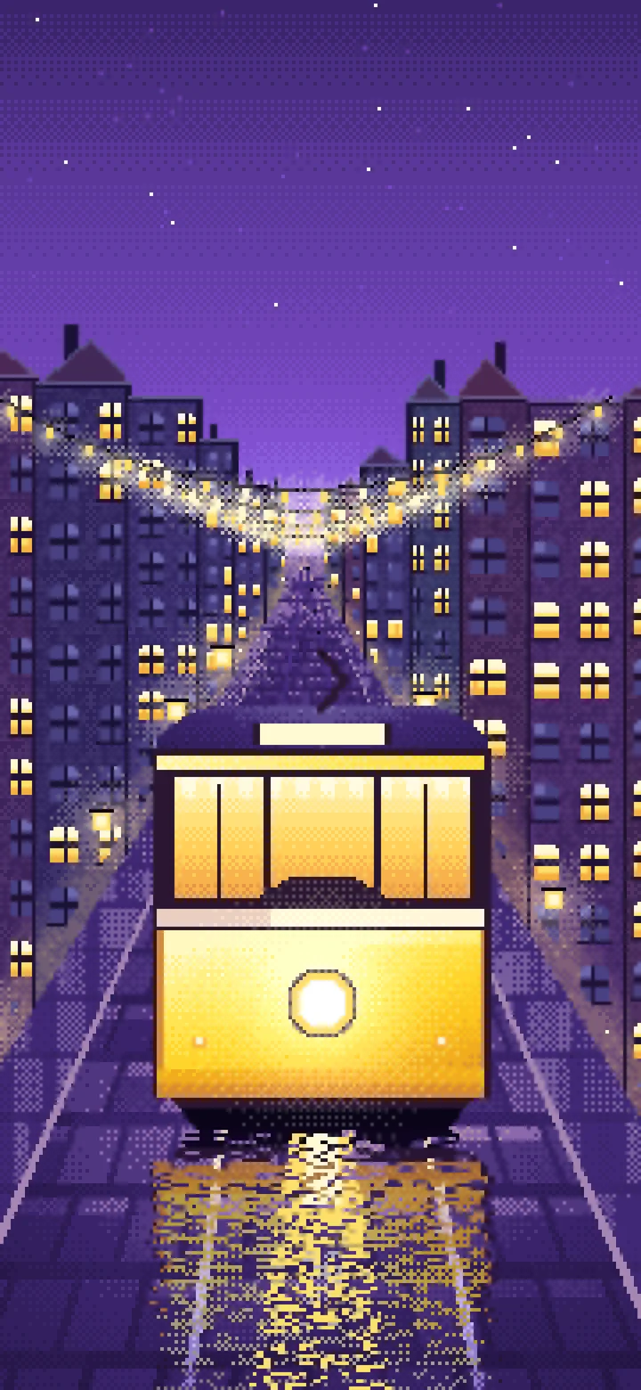 Purple Pixel Art Tram at Night wallpaper for iPhone and Android