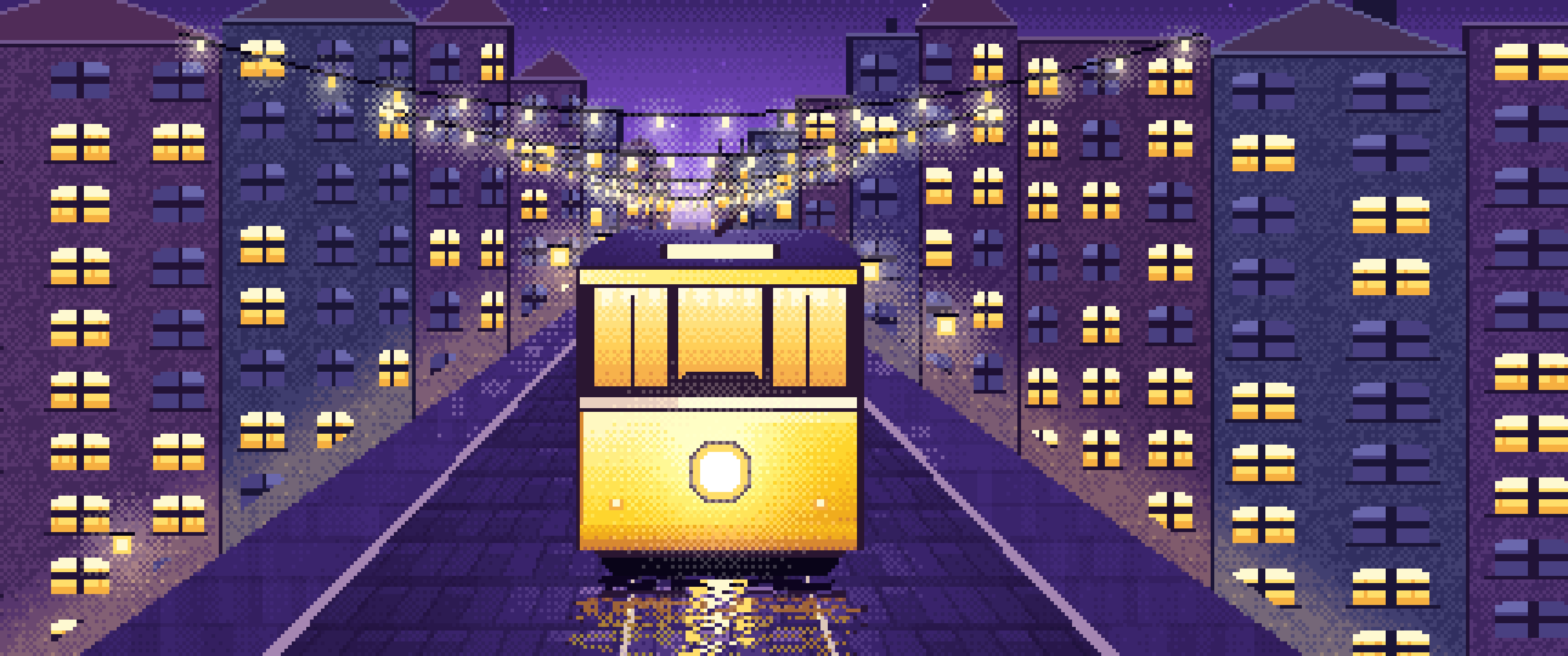 Purple Pixel Art Tram at Night ultrawide wallpaper, 3440 × 1440