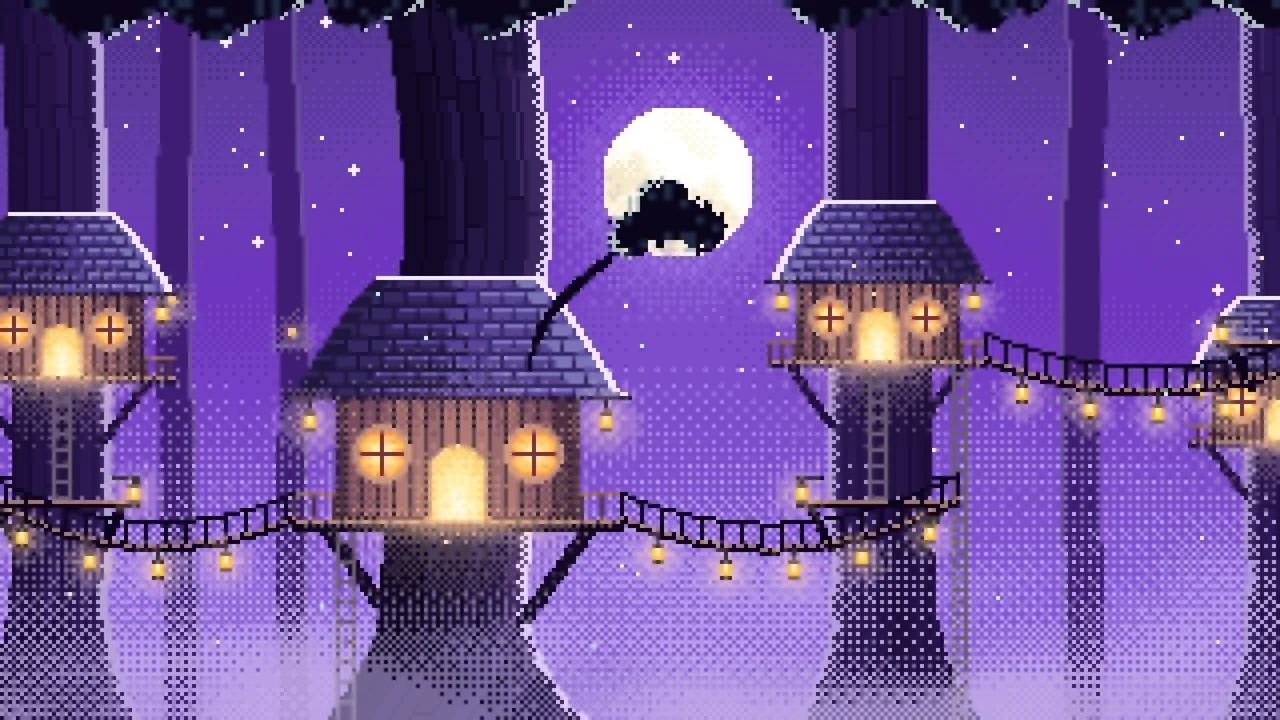 Purple Pixel Art Treehouse in a Fantasy Forest desktop wallpaper in 4K