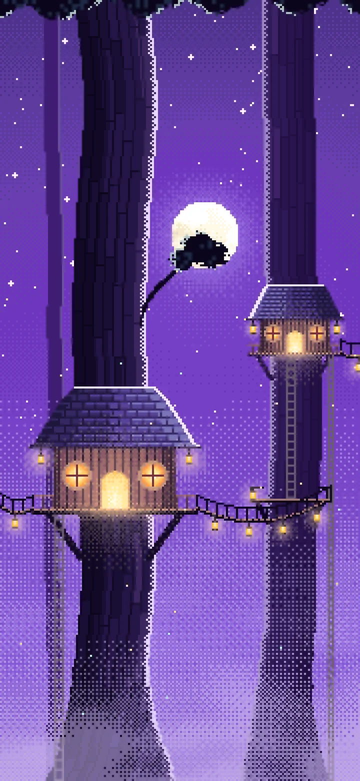 Purple Pixel Art Treehouse in a Fantasy Forest wallpaper for iPhone and Android