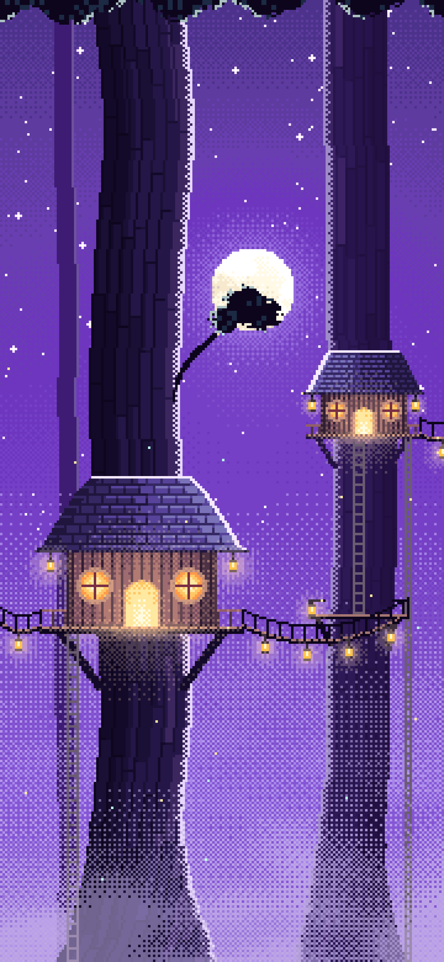 Purple Pixel Art Treehouse in a Fantasy Forest wallpaper for iPhone and Android