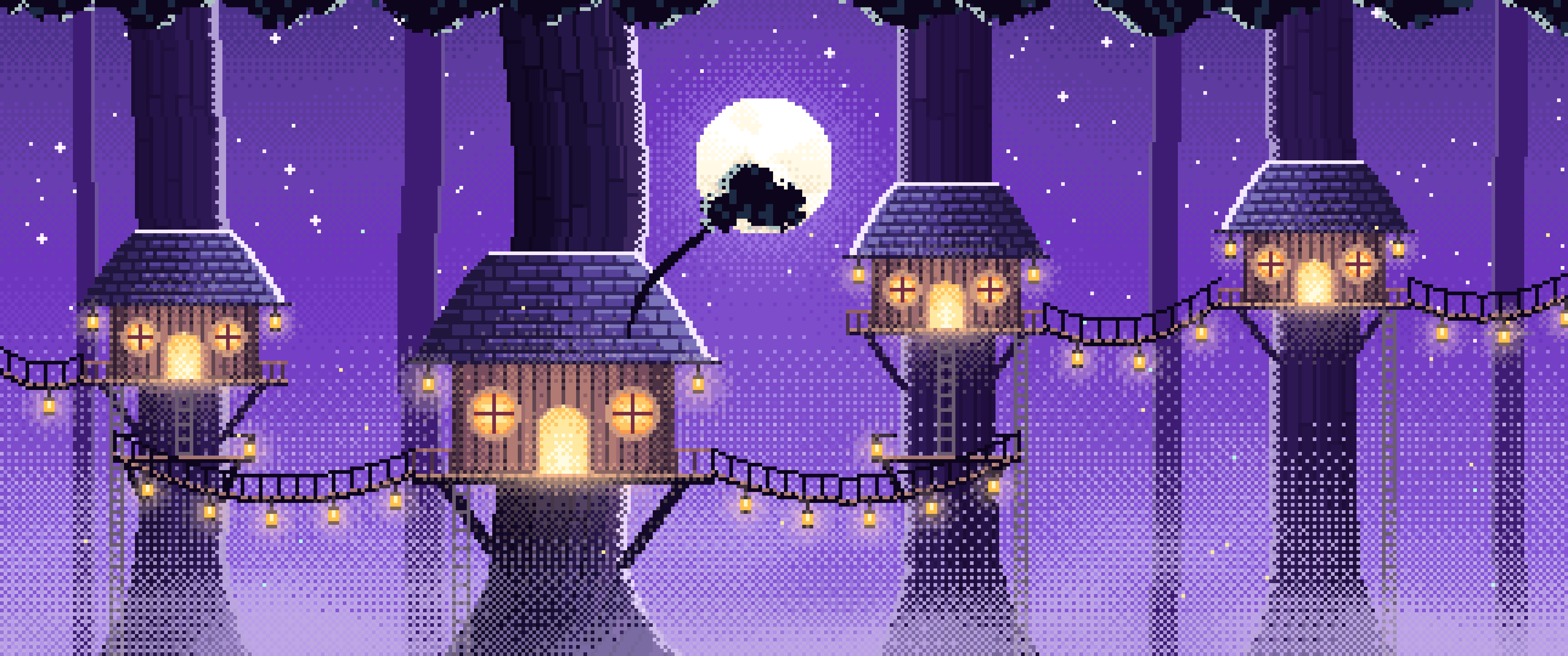 Purple Pixel Art Treehouse in a Fantasy Forest ultrawide wallpaper, 3440 × 1440