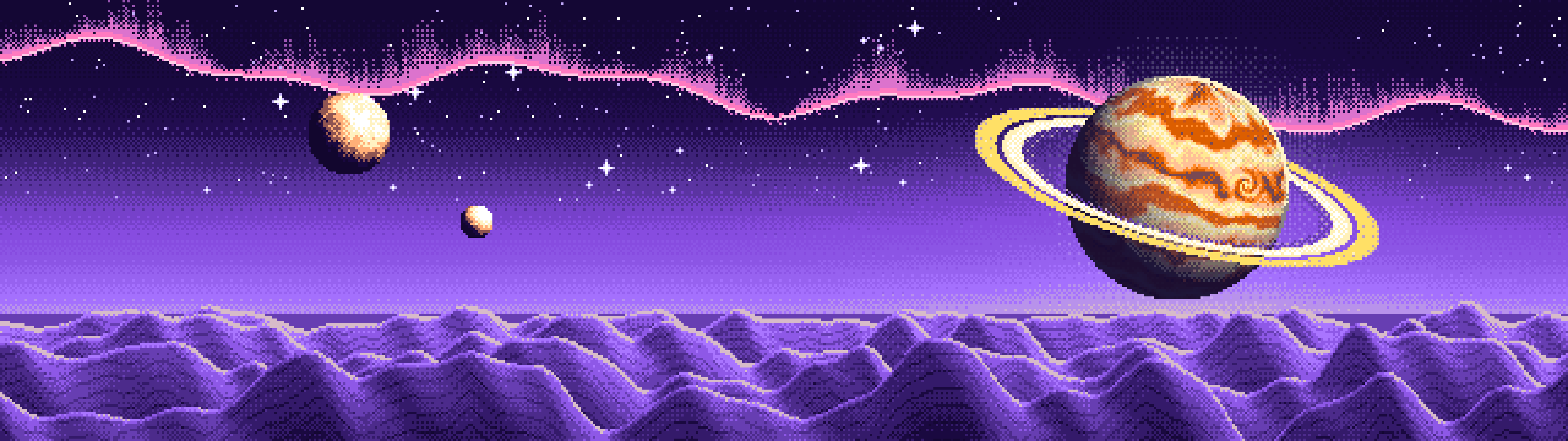 Purple Pixel Art Trippy Planet dual monitor wallpaper, 7680 × 2160