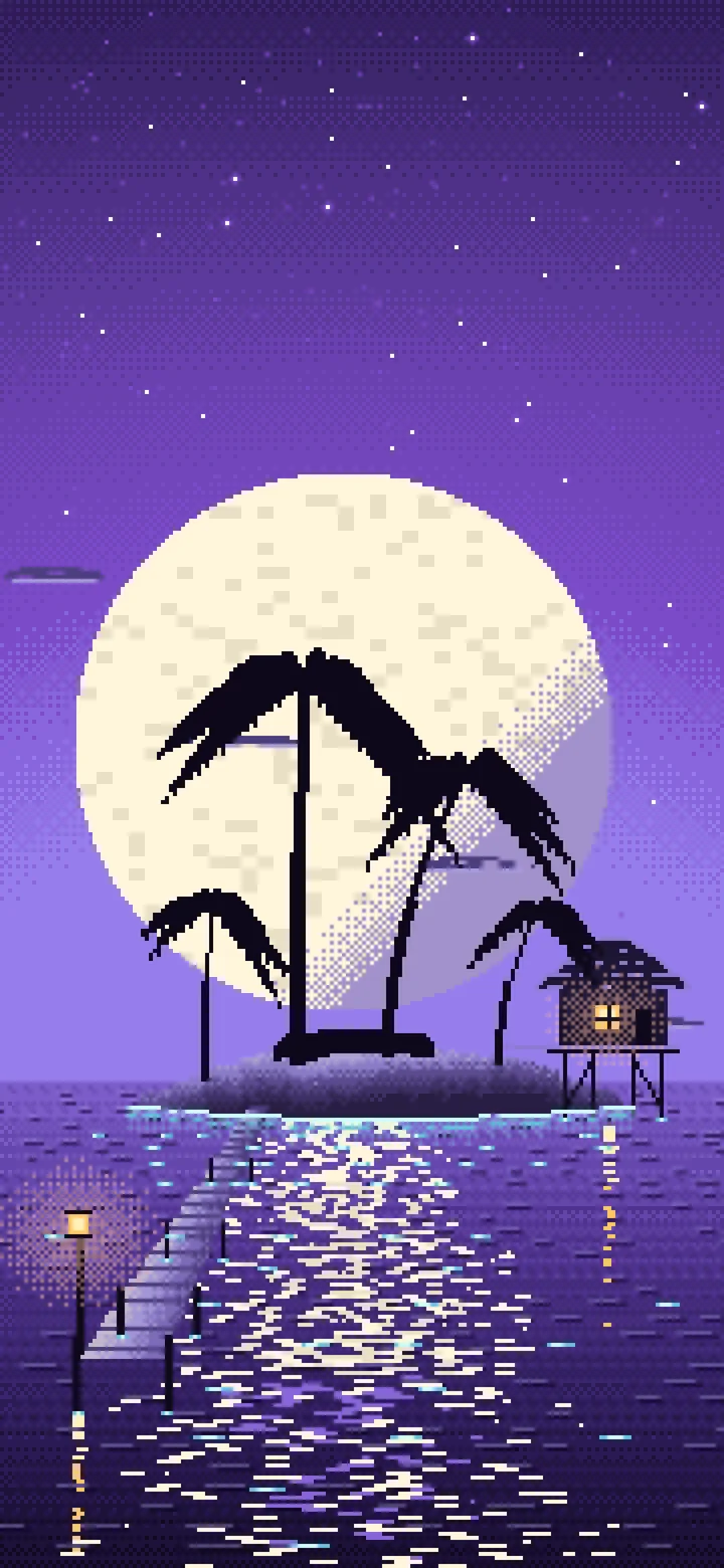 Purple Pixel Art Tropical Island at Night wallpaper for iPhone and Android