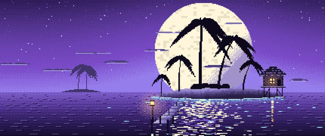 Purple Pixel Art Tropical Island at Night ultrawide wallpaper, 3440 × 1440