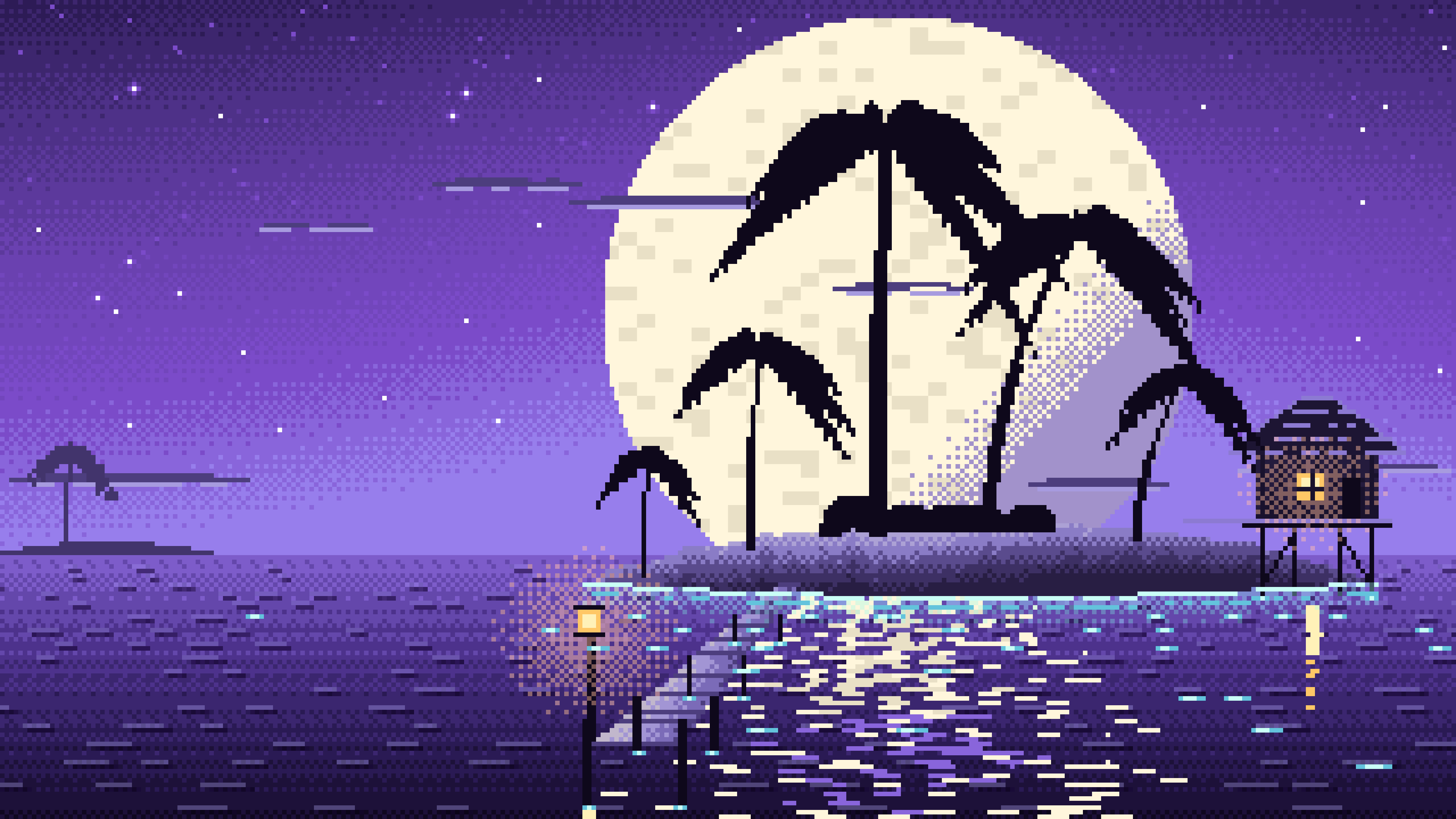 Purple Pixel Art Tropical Island at Night desktop wallpaper in 4K