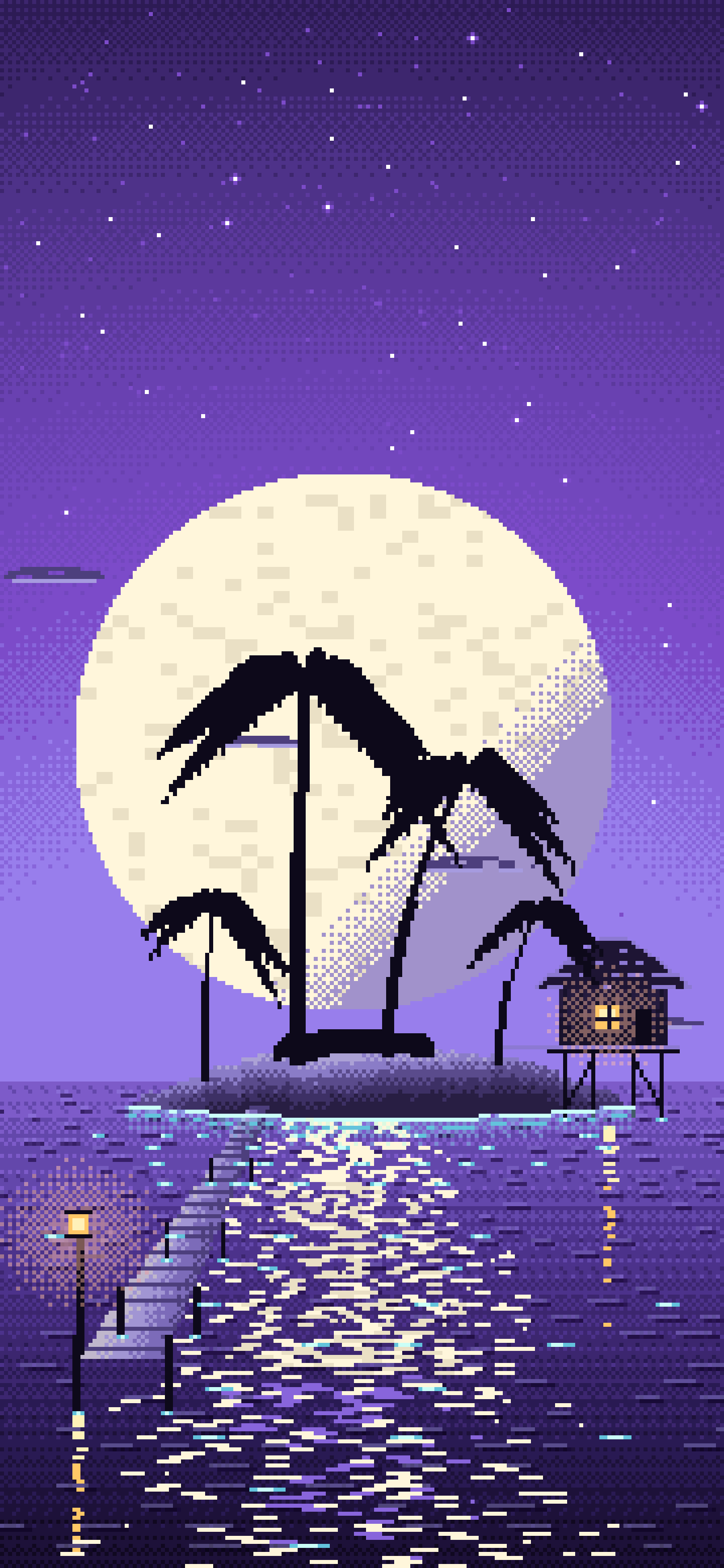 Purple Pixel Art Tropical Island at Night wallpaper for iPhone and Android