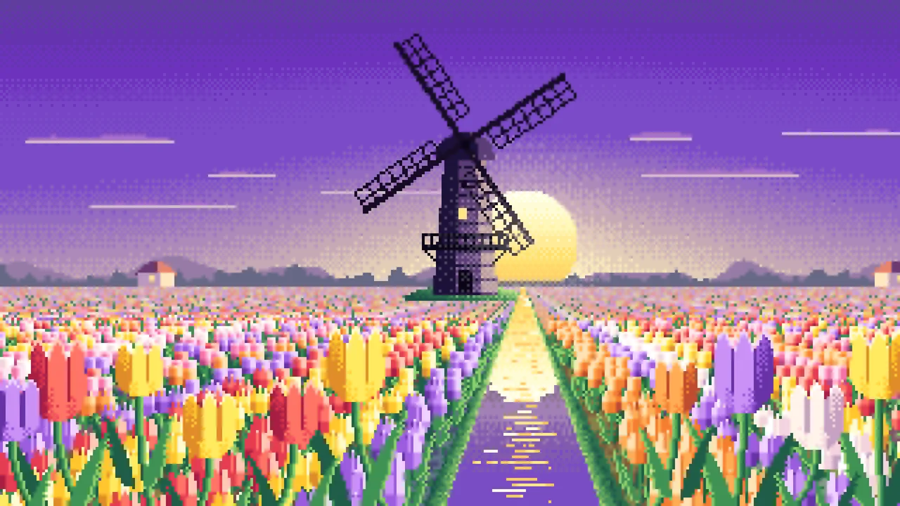 Purple Pixel Art Tulip Fields and Windmill at Sunrise desktop wallpaper in 4K