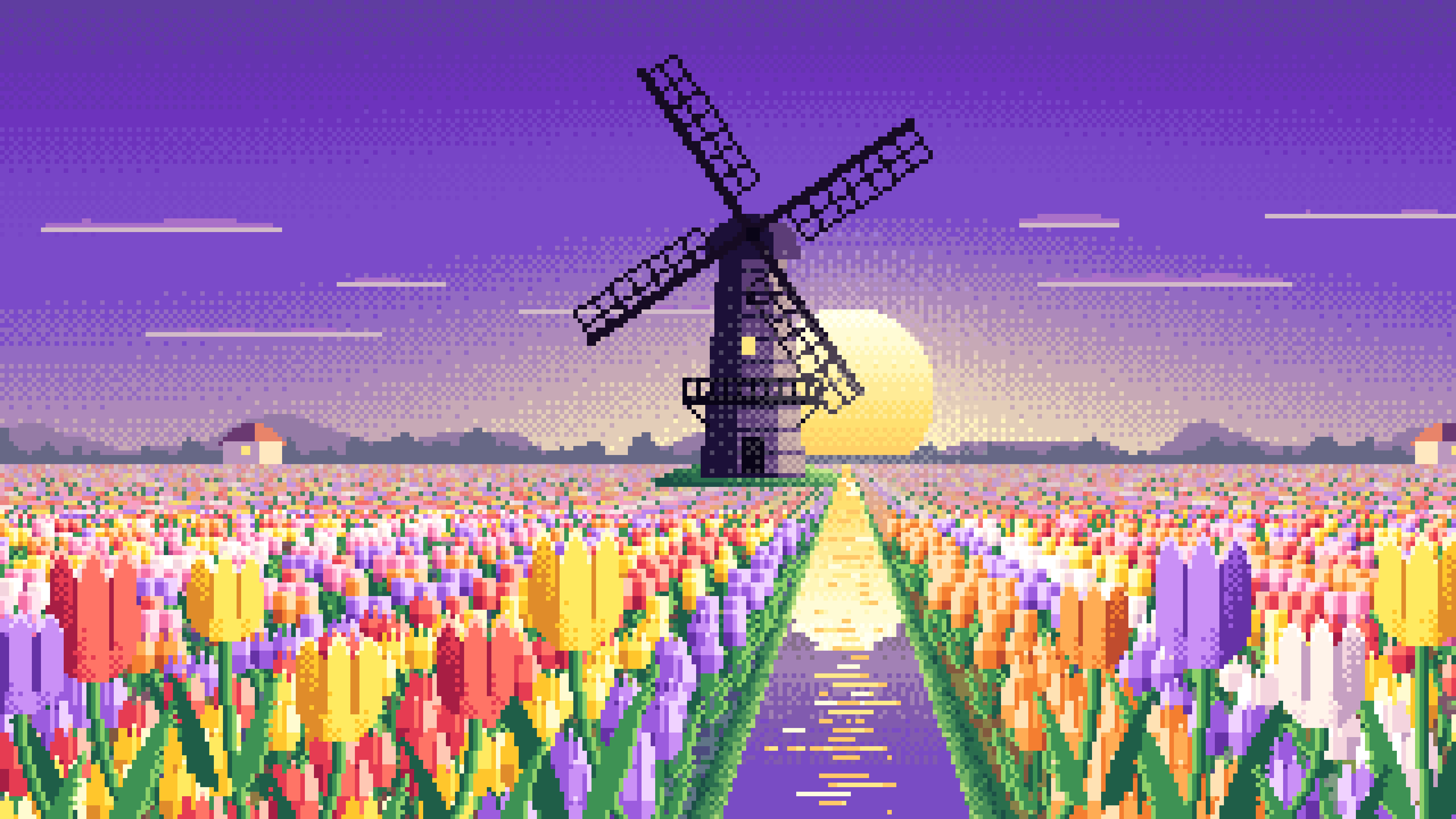 Purple Pixel Art Tulip Fields and Windmill at Sunrise desktop wallpaper in 4K