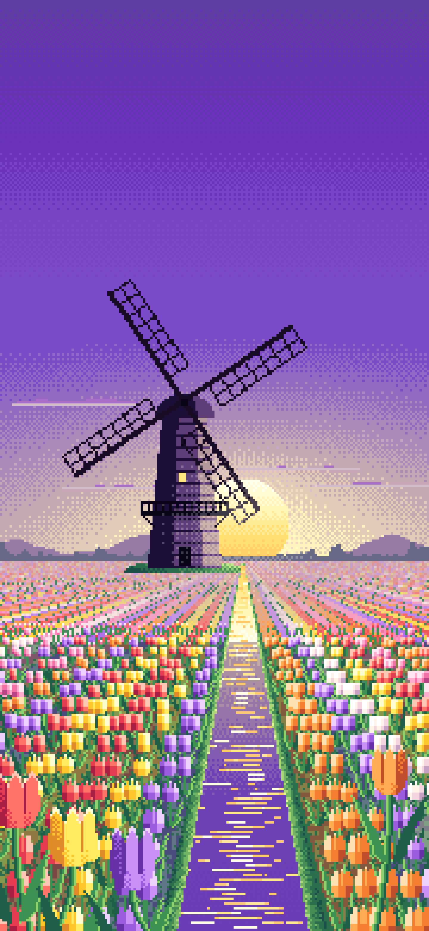 Purple Pixel Art Tulip Fields and Windmill at Sunrise wallpaper for iPhone and Android