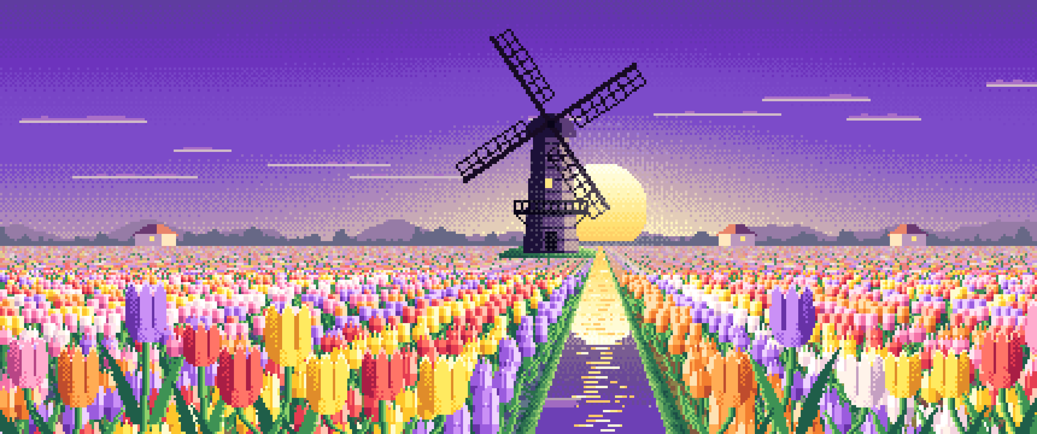 Purple Pixel Art Tulip Fields and Windmill at Sunrise ultrawide wallpaper, 3440 × 1440