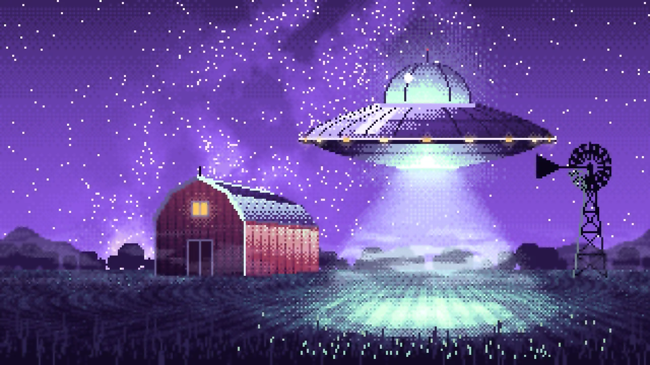 Purple Pixel Art UFO over a Farm at Night desktop wallpaper in 4K