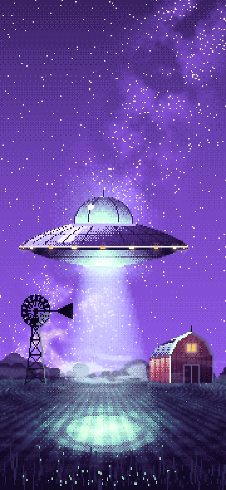 Purple Pixel Art UFO over a Farm at Night wallpaper for iPhone and Android