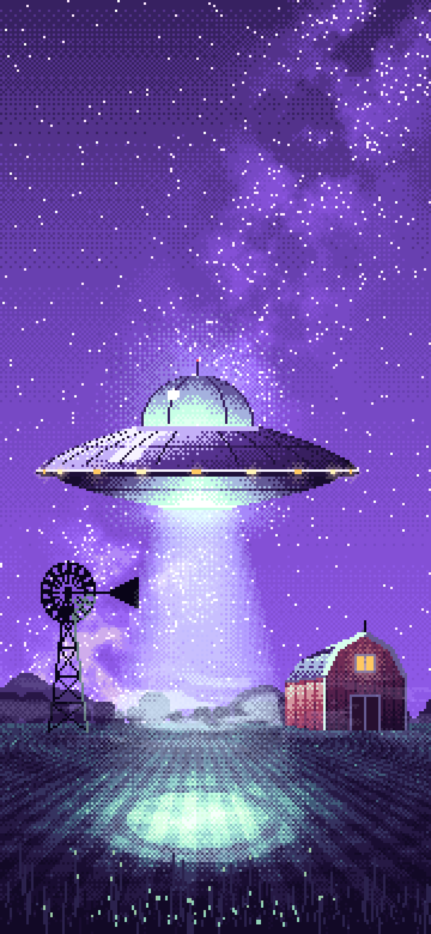 Purple Pixel Art UFO over a Farm at Night wallpaper for iPhone and Android