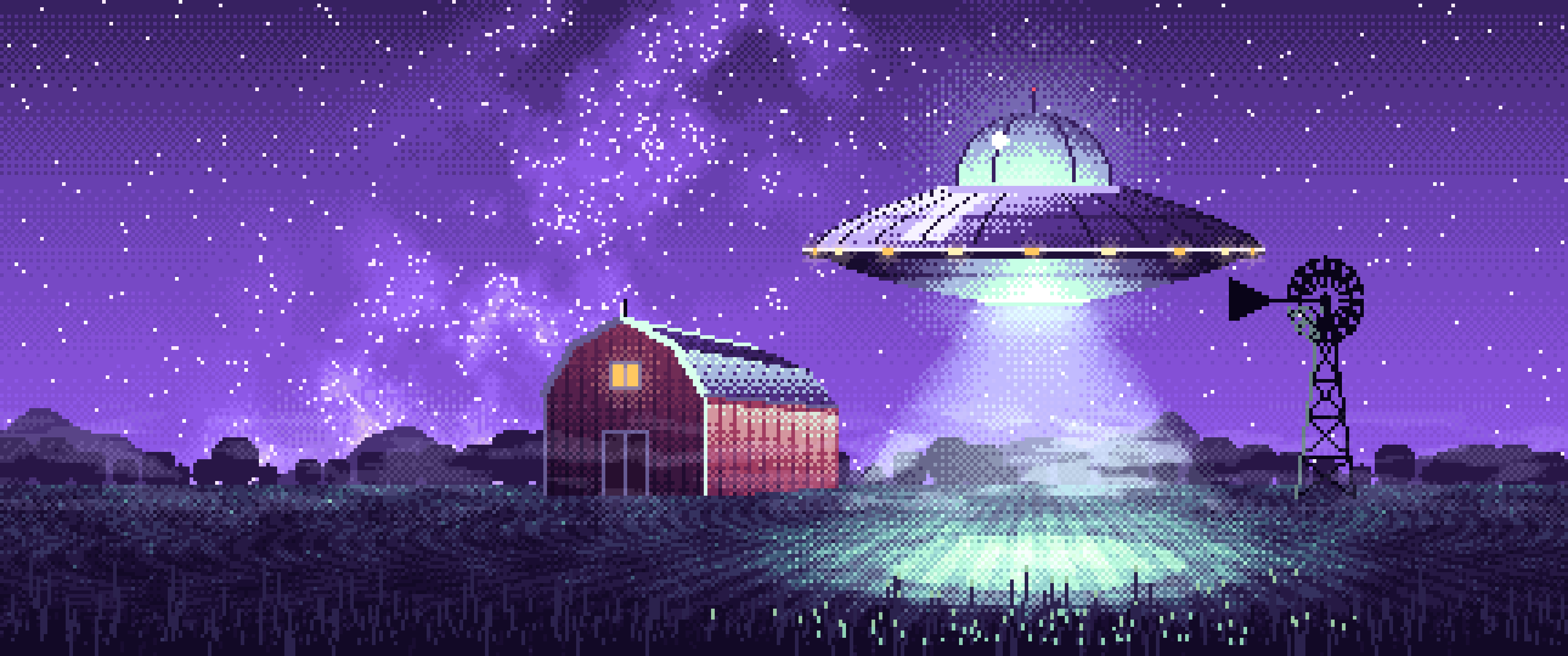 Purple Pixel Art UFO over a Farm at Night ultrawide wallpaper, 3440 × 1440