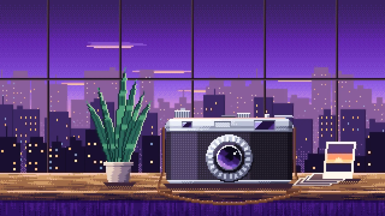 Purple Pixel Art Vintage Camera on a Windowsill at Dusk desktop wallpaper in 4K