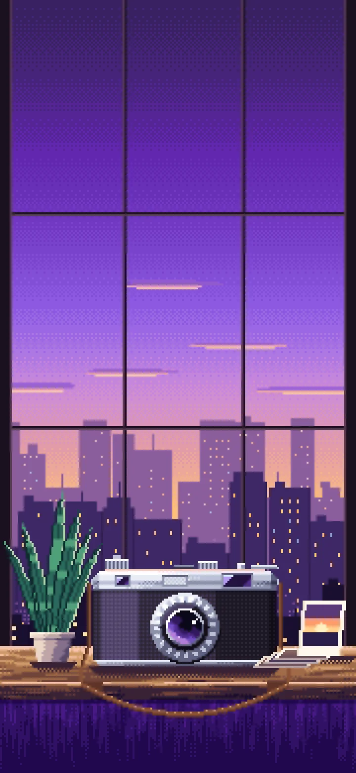 Purple Pixel Art Vintage Camera on a Windowsill at Dusk wallpaper for iPhone and Android
