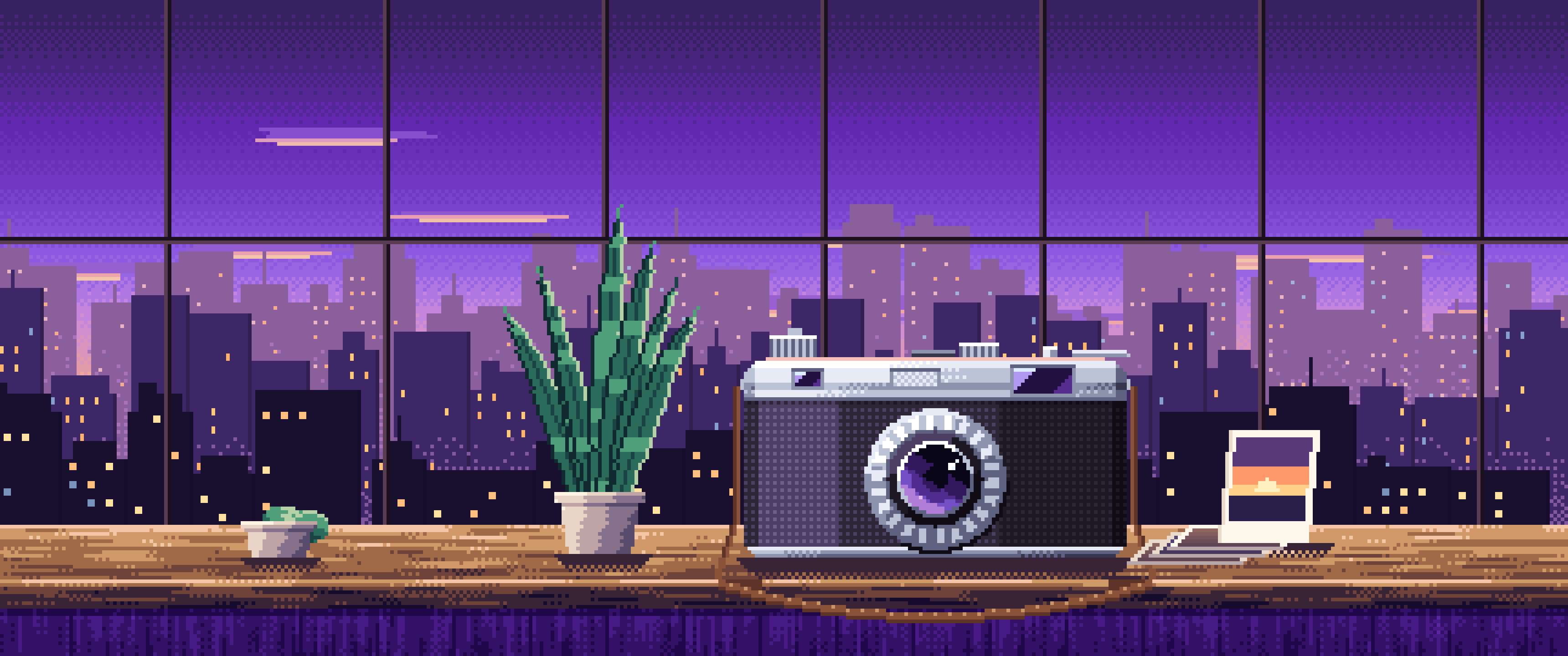 Purple Pixel Art Vintage Camera on a Windowsill at Dusk ultrawide wallpaper, 3440 × 1440